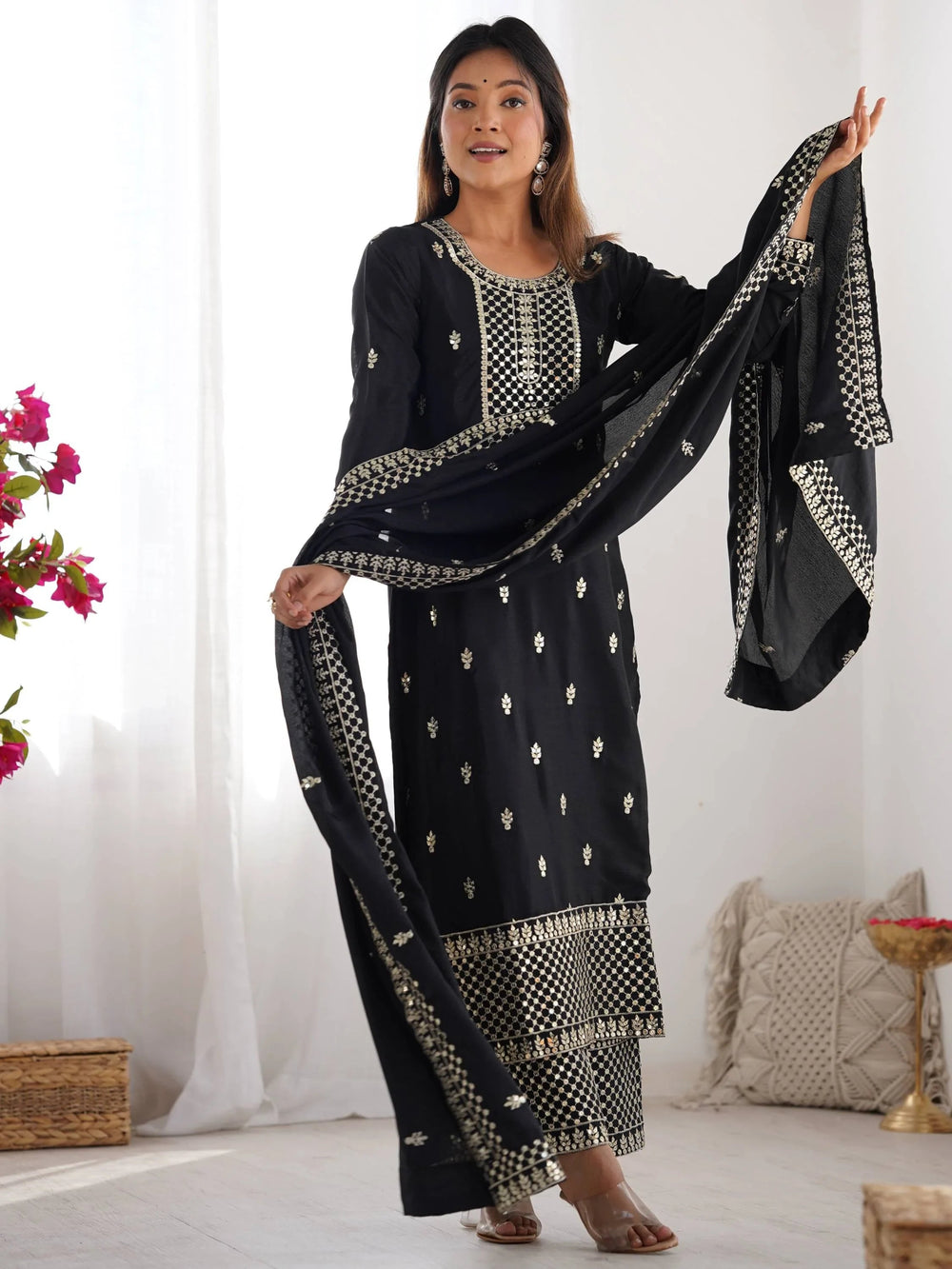 Black Sequins Chinon Silk Festive Wear Palazzo Suit With Dupatta for Women