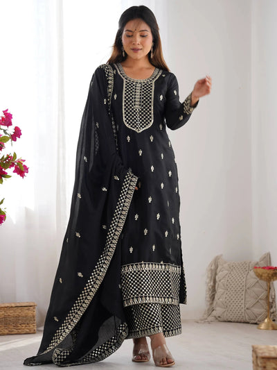 Black Sequins Chinon Silk Festive Wear Palazzo Suit With Dupatta for Women
