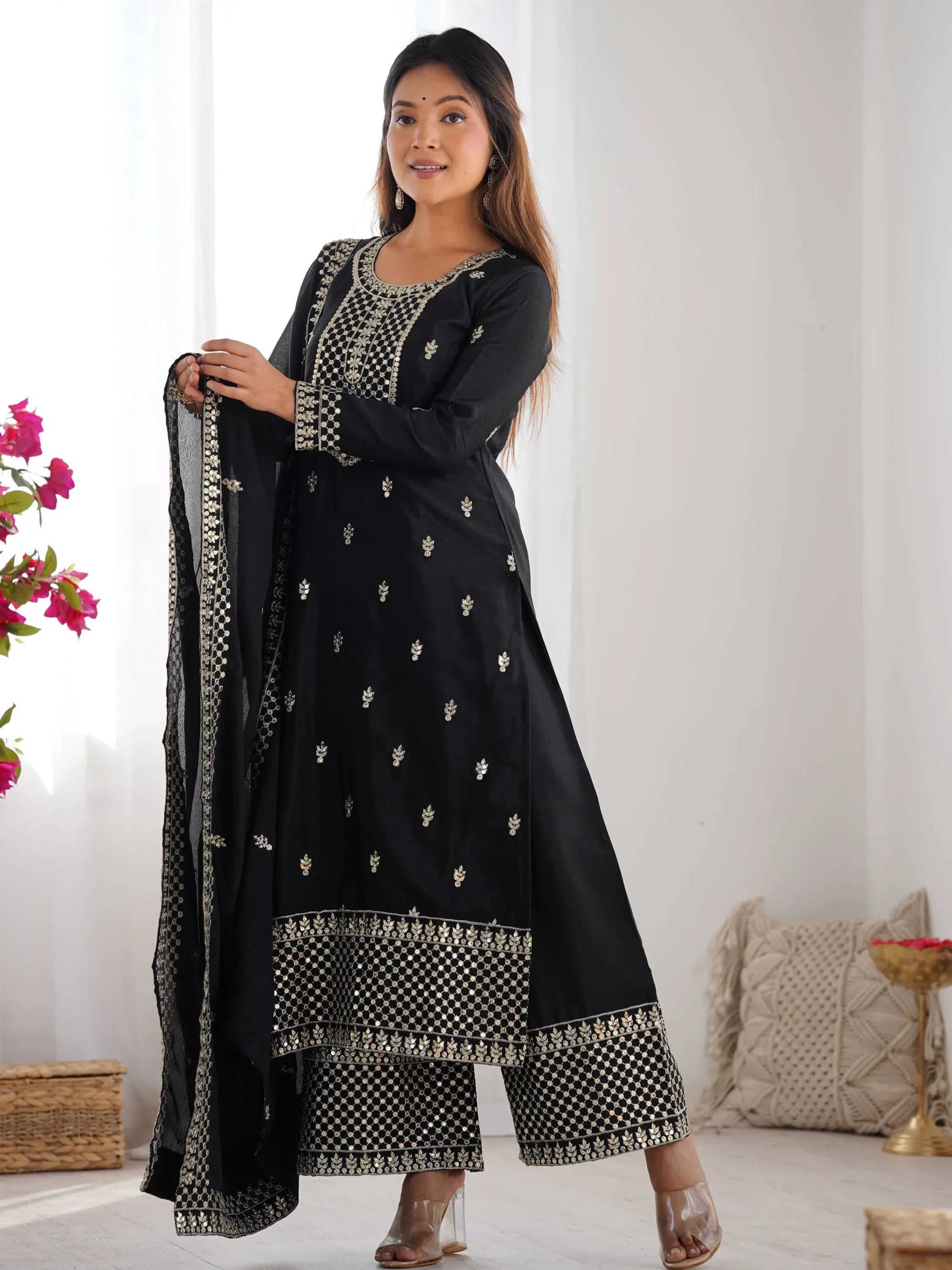 Black Sequins Chinon Silk Festive Wear Palazzo Suit With Dupatta for Women