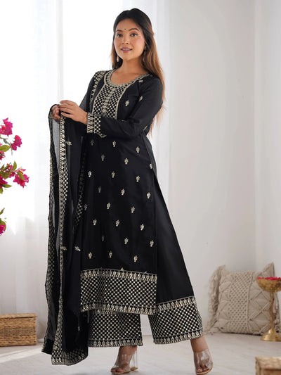 Black Sequins Chinon Silk Festive Wear Palazzo Suit With Dupatta for Women