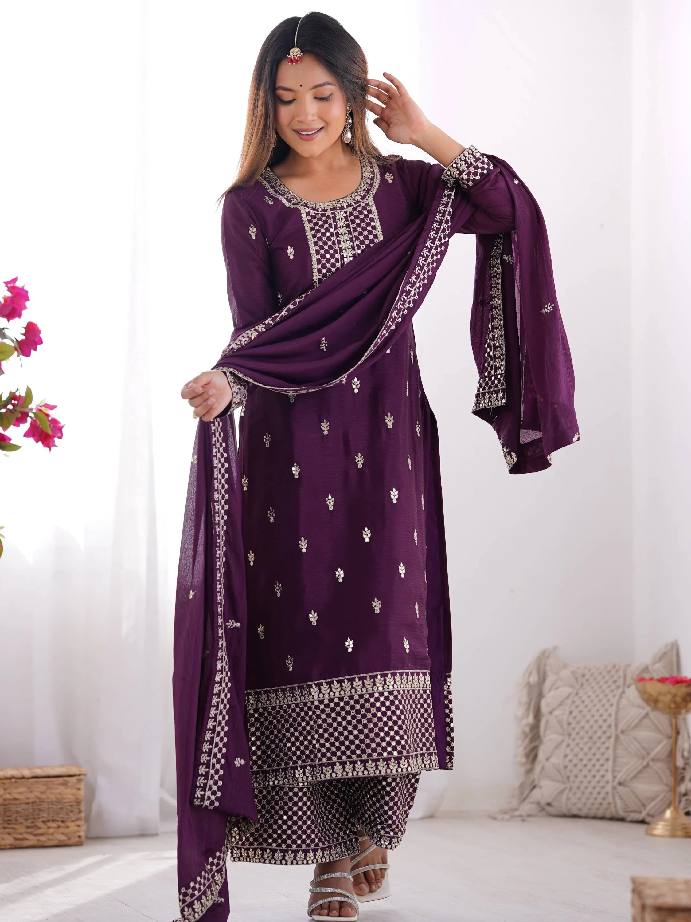 Purple Sequins Chinon Silk Festive Wear Palazzo Suit With Dupatta for Women
