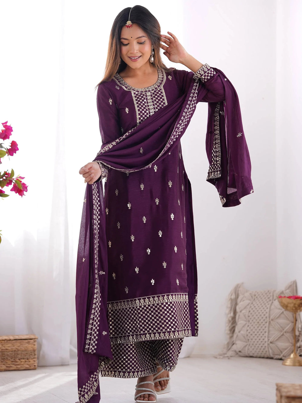 Purple Sequins Chinon Silk Festive Wear Palazzo Suit With Dupatta for Women