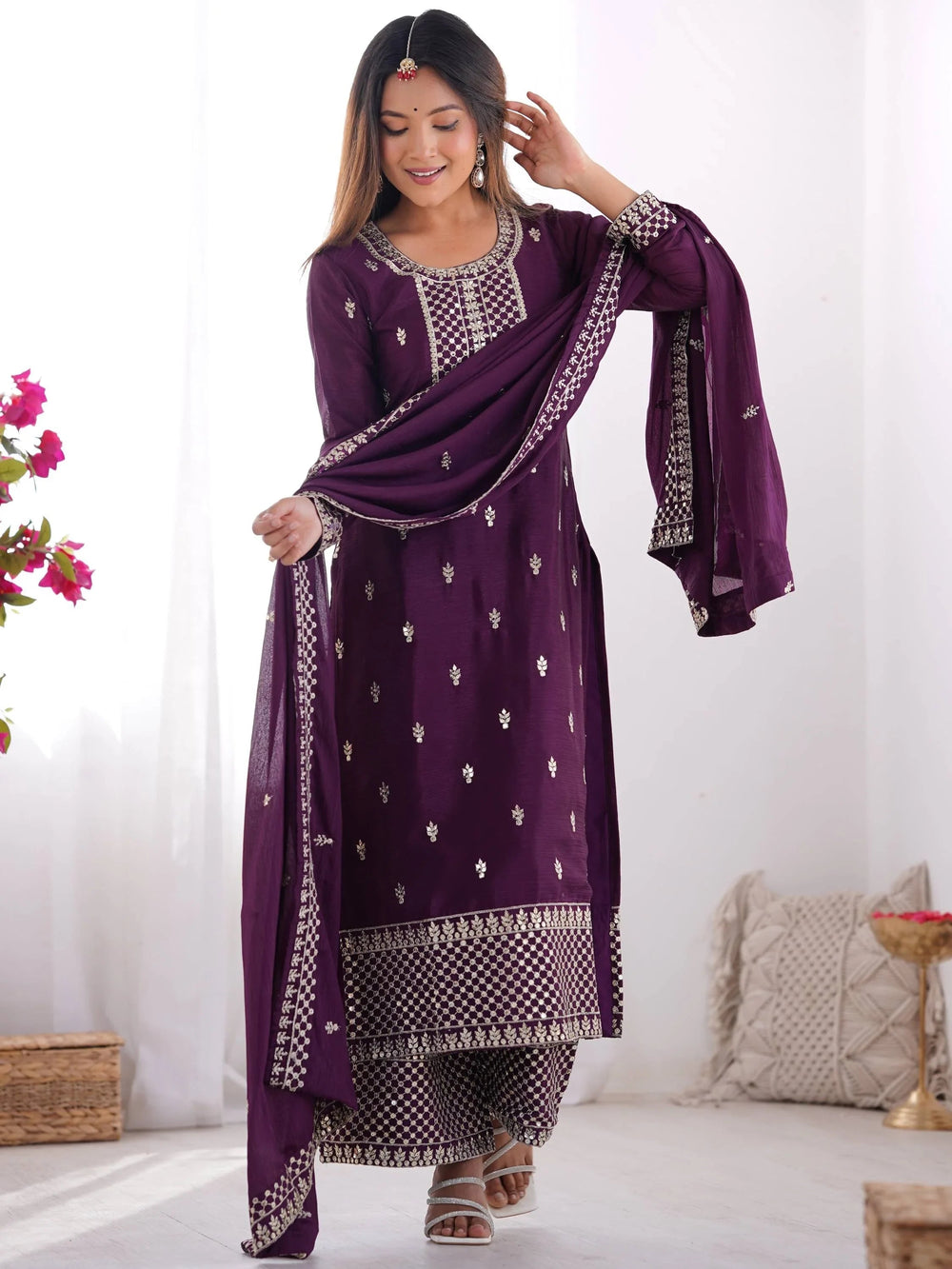 Purple Sequins Chinon Silk Festive Wear Palazzo Suit With Dupatta for Women