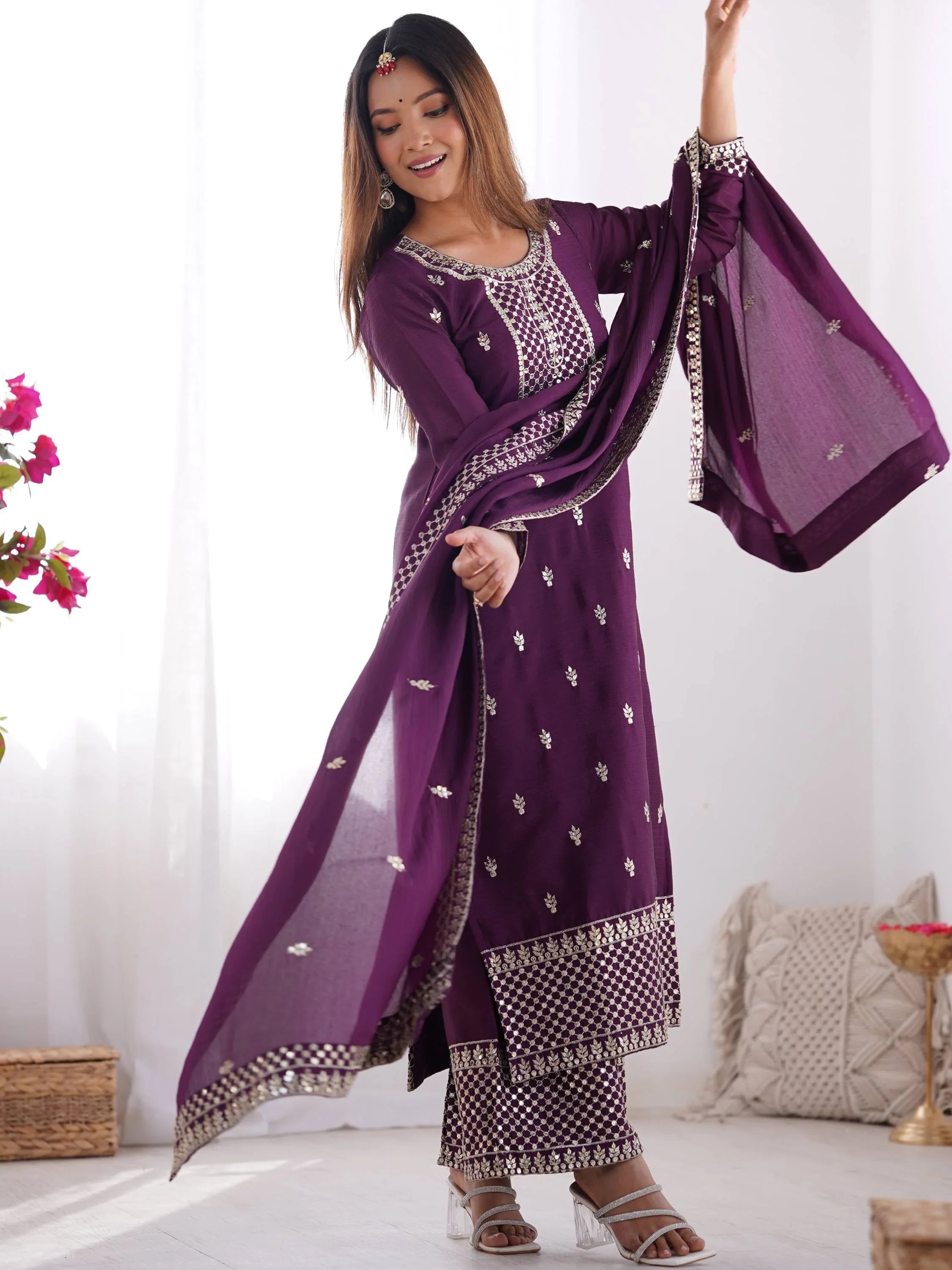 Purple Sequins Chinon Silk Festive Wear Palazzo Suit With Dupatta for Women