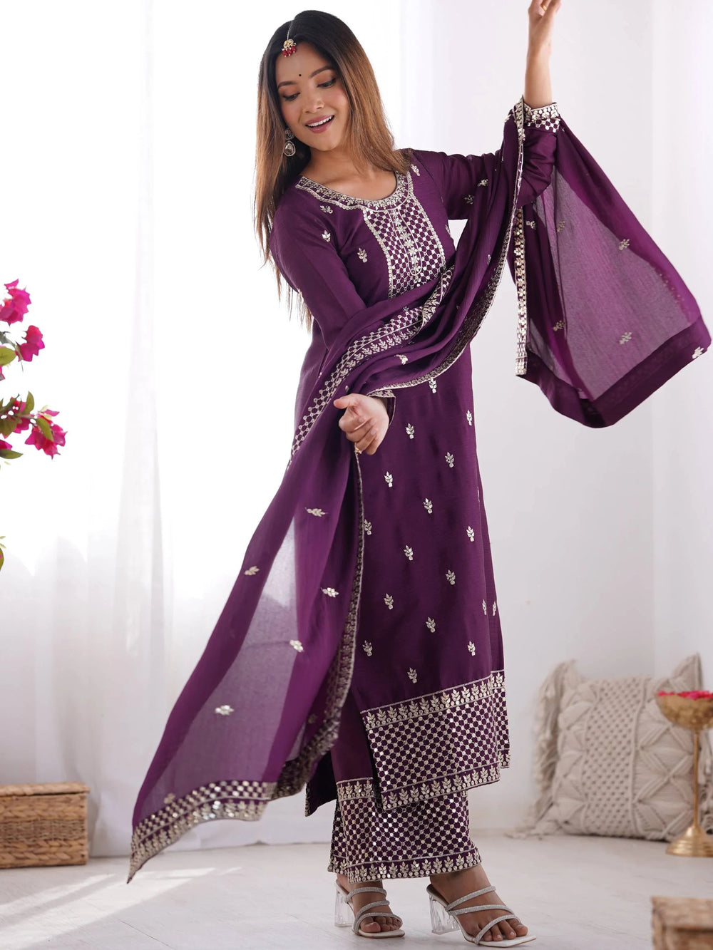 Purple Sequins Chinon Silk Festive Wear Palazzo Suit With Dupatta for Women