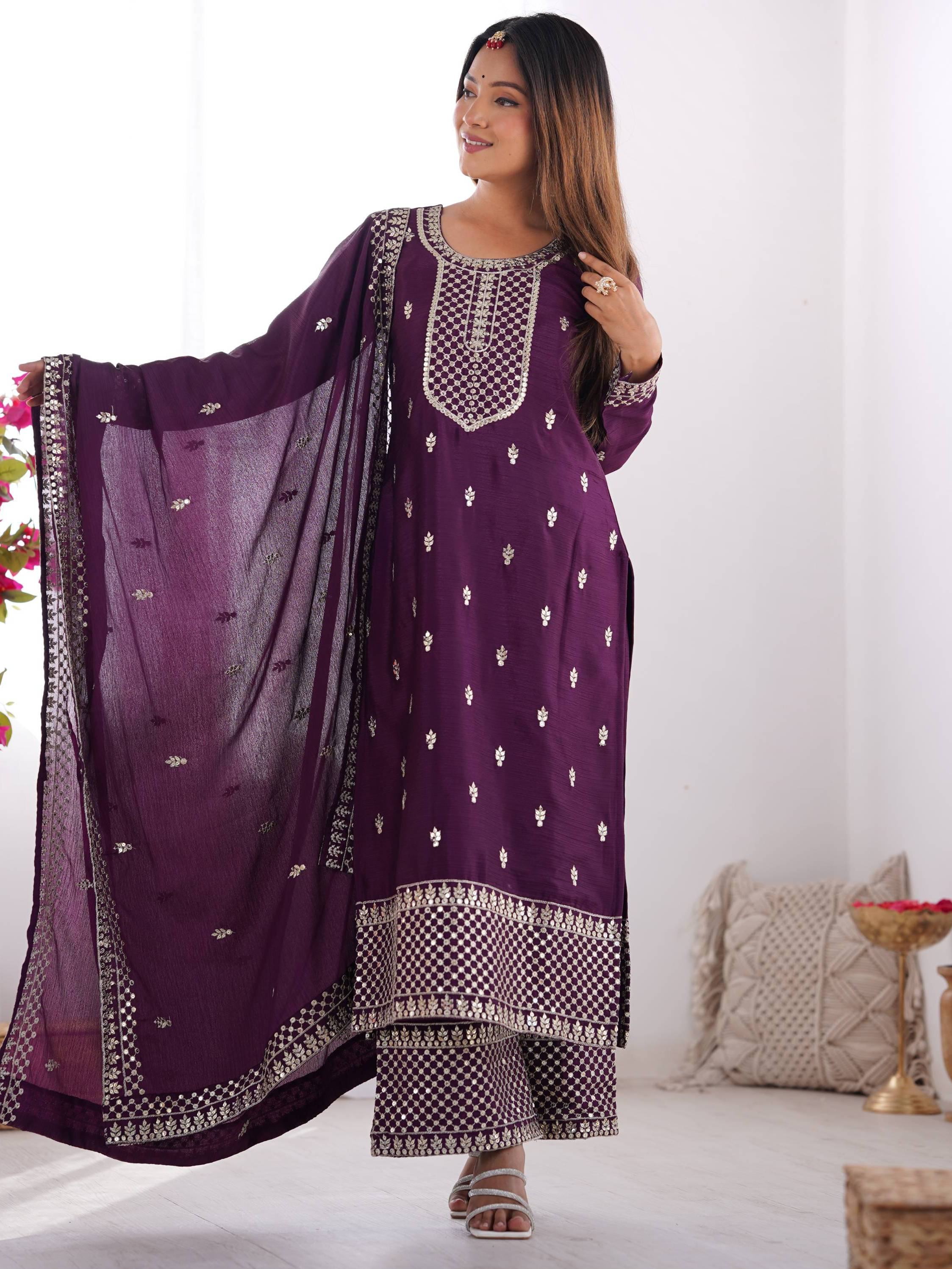 Purple Sequins Chinon Silk Festive Wear Palazzo Suit With Dupatta for Women