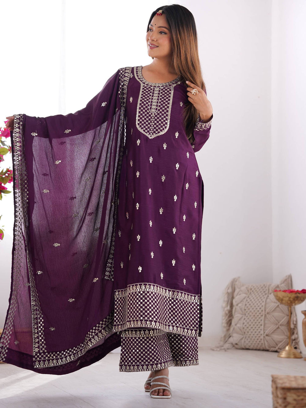 Purple Sequins Chinon Silk Festive Wear Palazzo Suit With Dupatta for Women