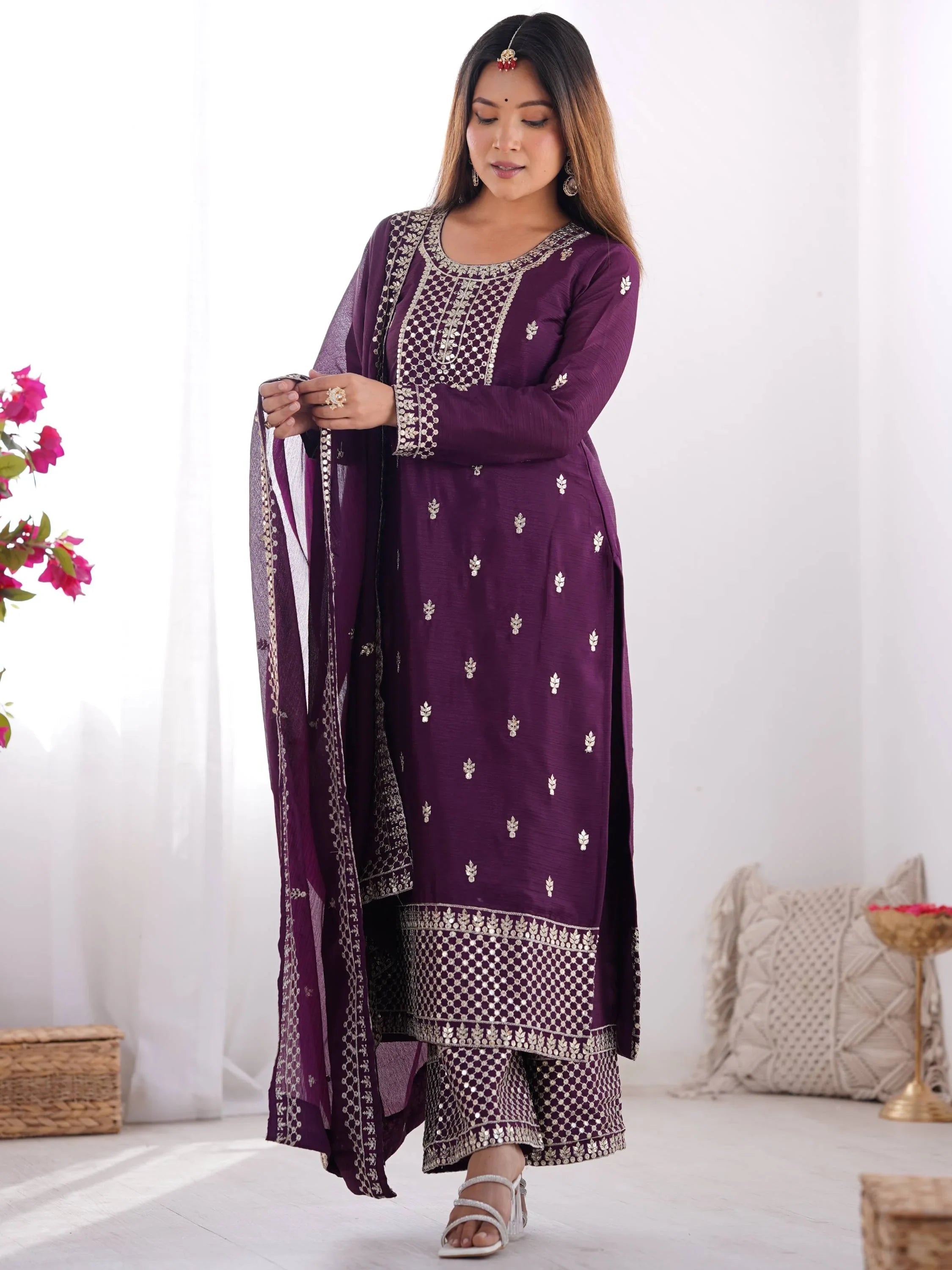 Purple Sequins Chinon Silk Festive Wear Palazzo Suit With Dupatta for Women
