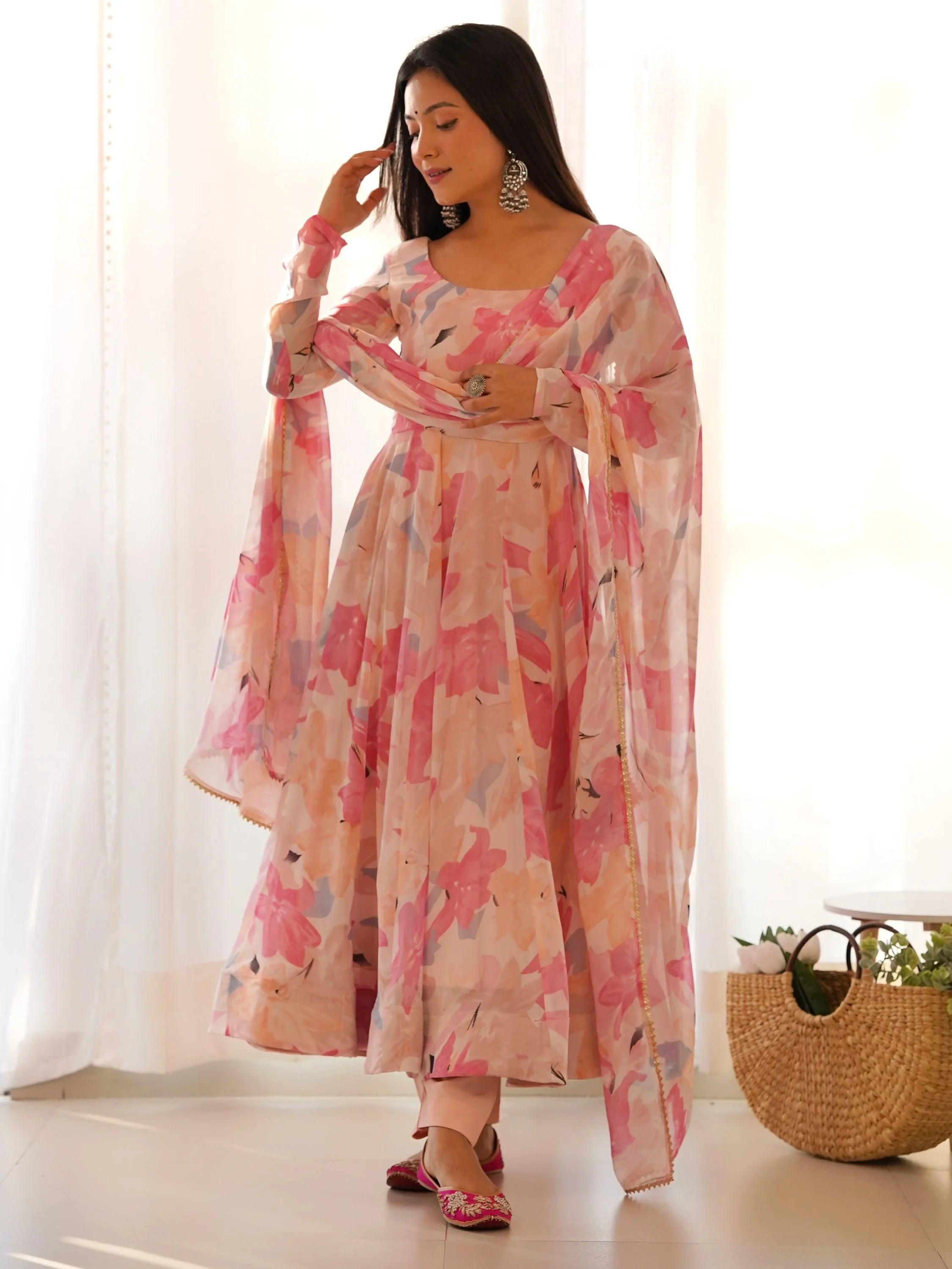 Peach Floral Printed Georgette Festival Wear Anarkali Pant Suit
