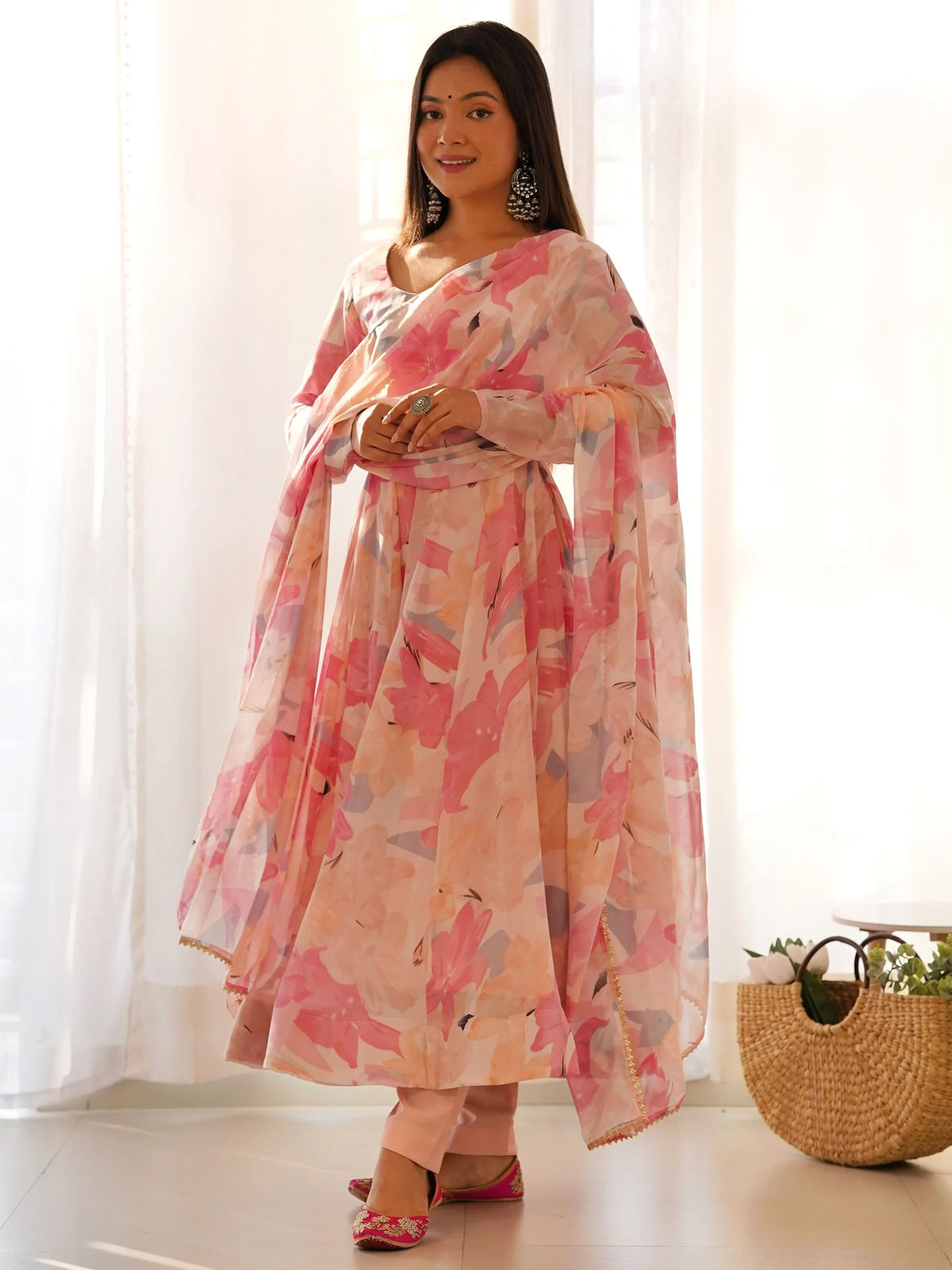 Peach Floral Printed Georgette Festival Wear Anarkali Pant Suit