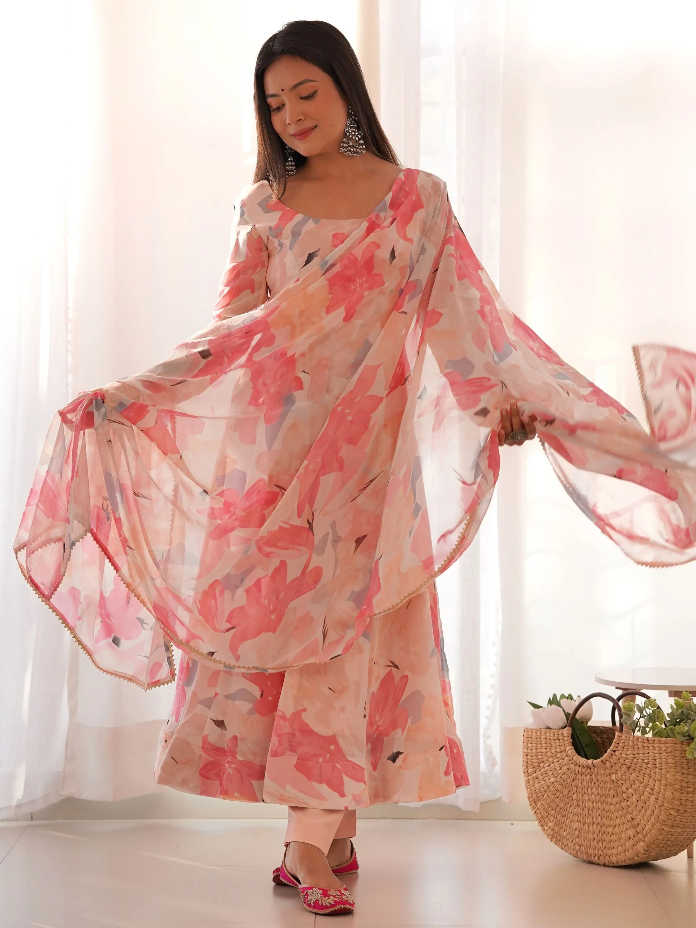 Peach Floral Printed Georgette Festival Wear Anarkali Pant Suit