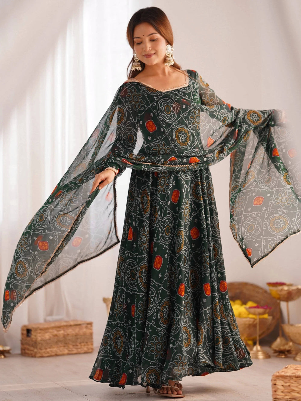 Green Bandhej Printed Georgette Festive Wear Anarkali Suit for Women