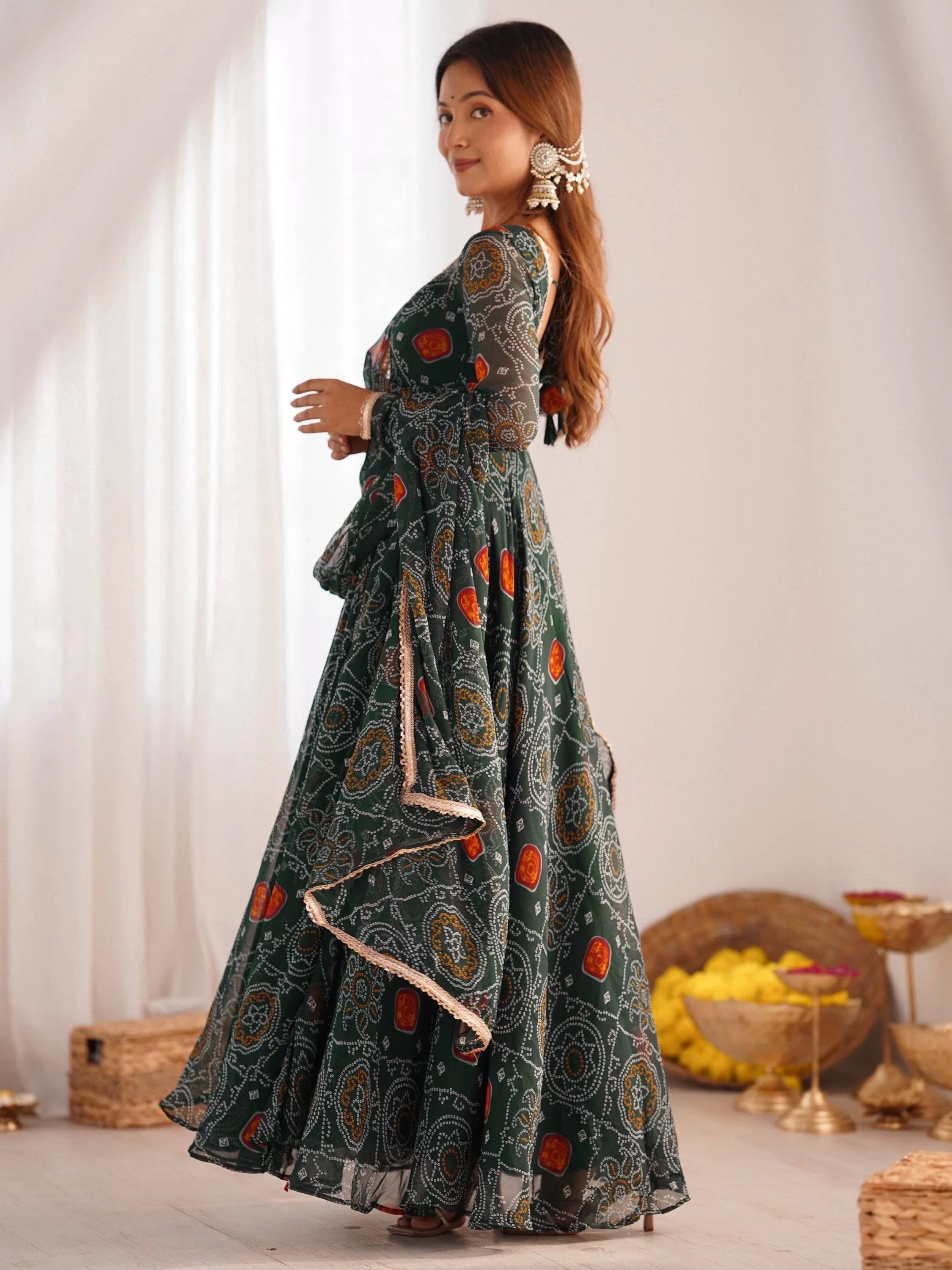 Green Bandhej Printed Georgette Festive Wear Anarkali Suit for Women