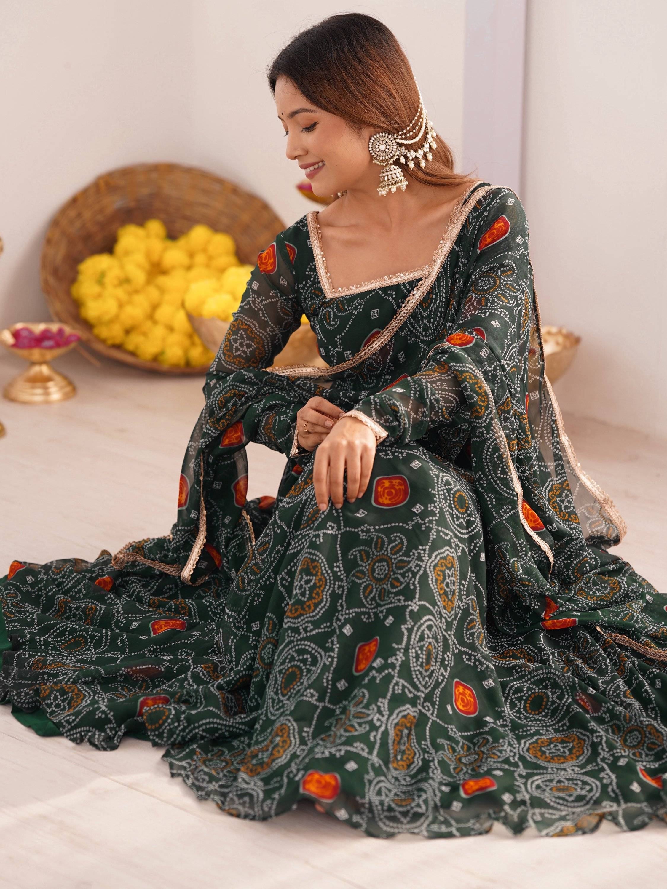 Green Bandhej Printed Georgette Festive Wear Anarkali Suit for Women