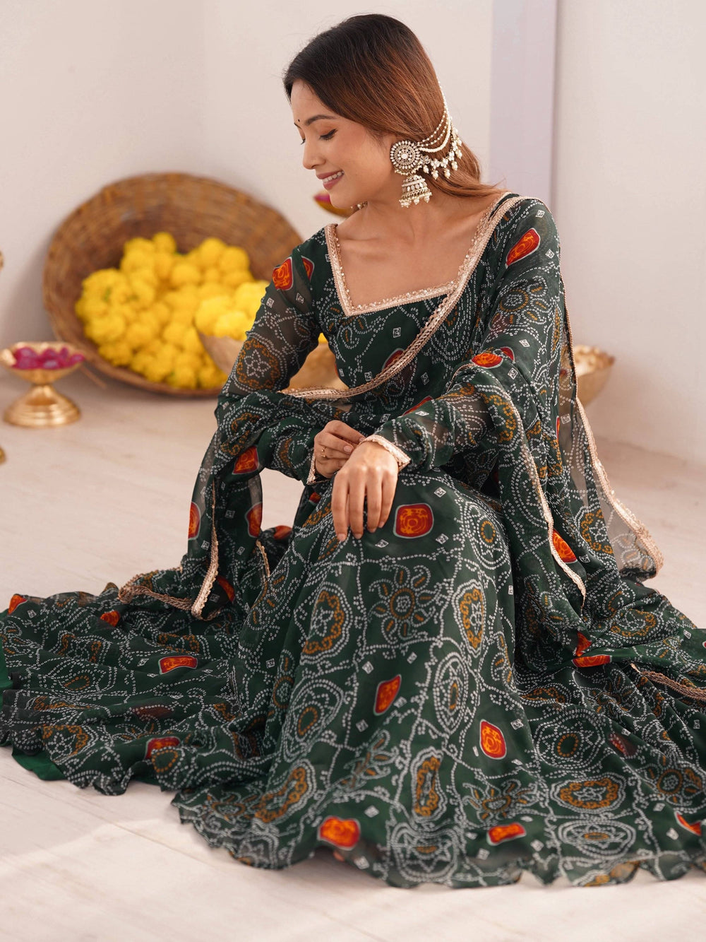 Green Bandhej Printed Georgette Festive Wear Anarkali Suit for Women