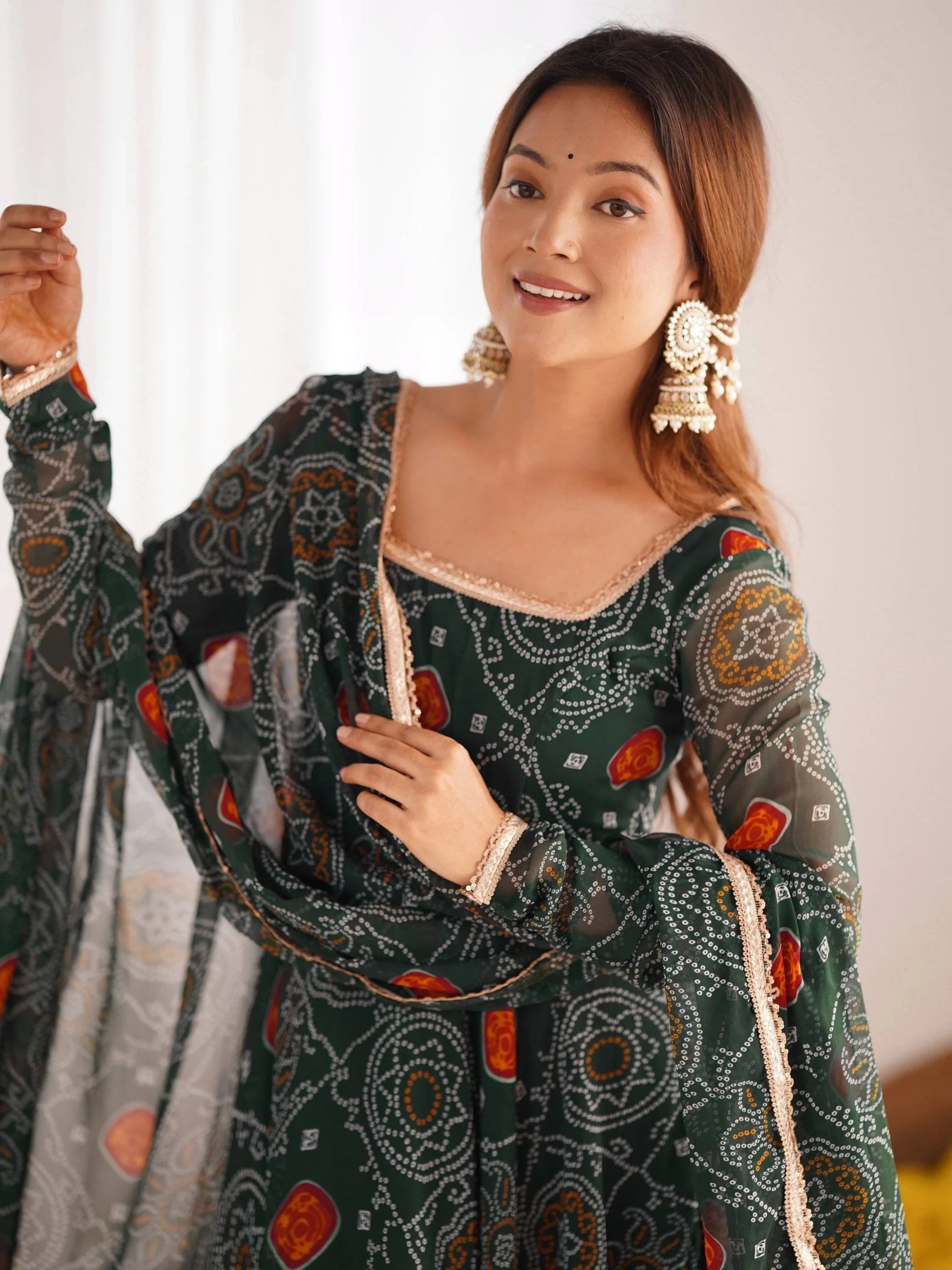 Green Bandhej Printed Georgette Festive Wear Anarkali Suit for Women