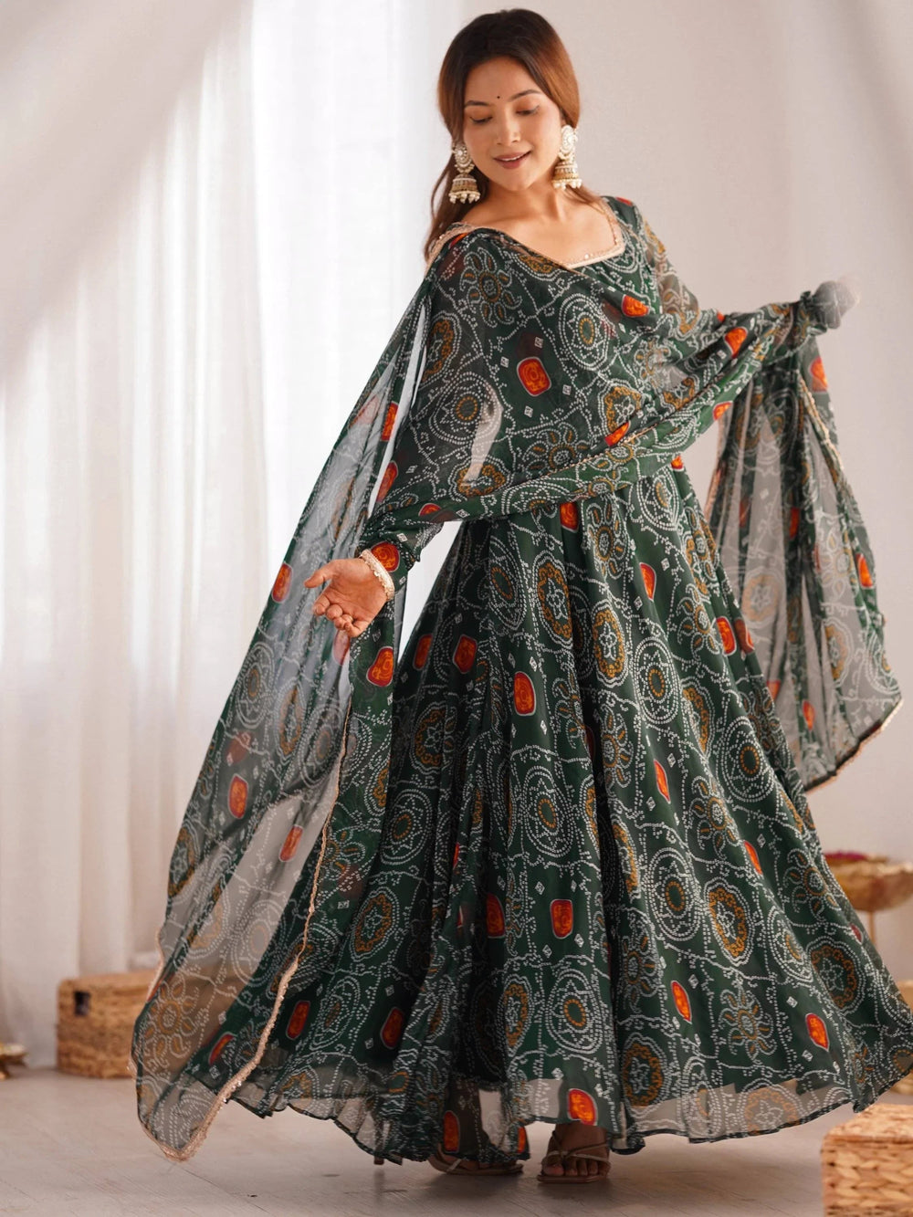 Green Bandhej Printed Georgette Festive Wear Anarkali Suit for Women