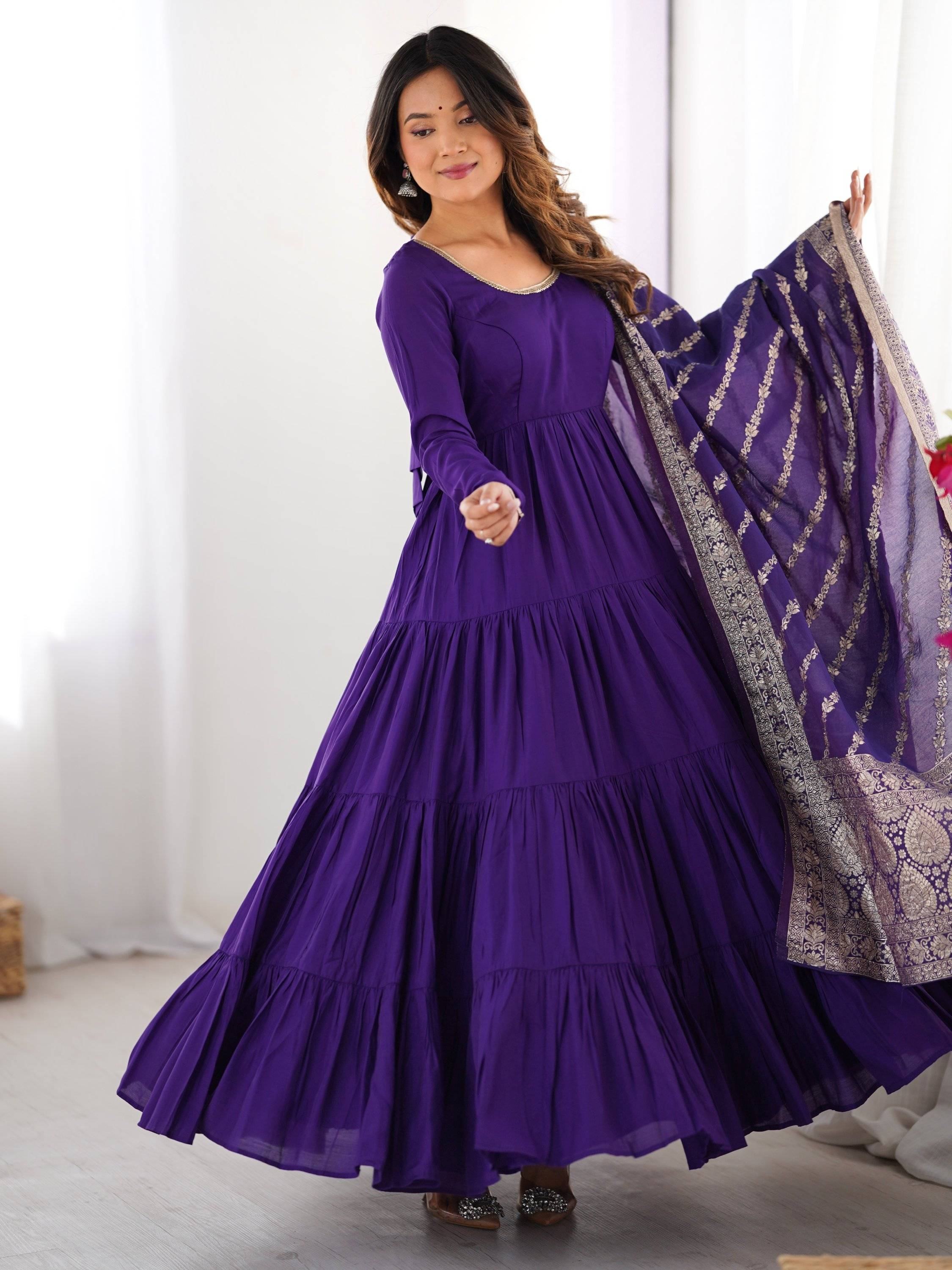 Dark Purple Chanderi Silk Anarkali Suit With Banarasi Silk Dupatta for Women