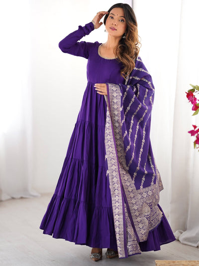 Dark Purple Chanderi Silk Anarkali Suit With Banarasi Silk Dupatta for Women