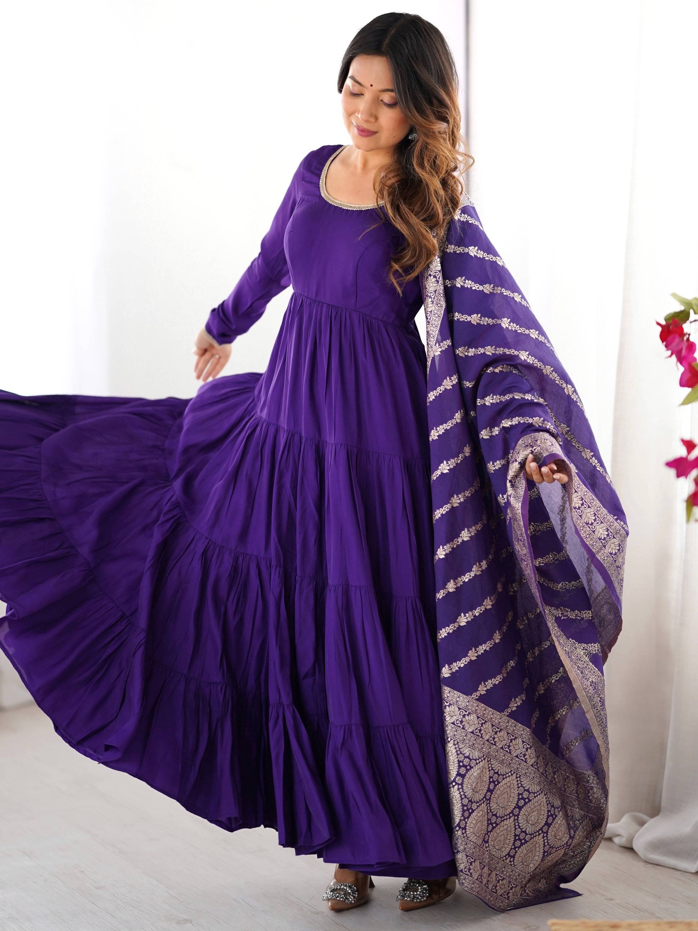 Dark Purple Chanderi Silk Anarkali Suit With Banarasi Silk Dupatta for Women