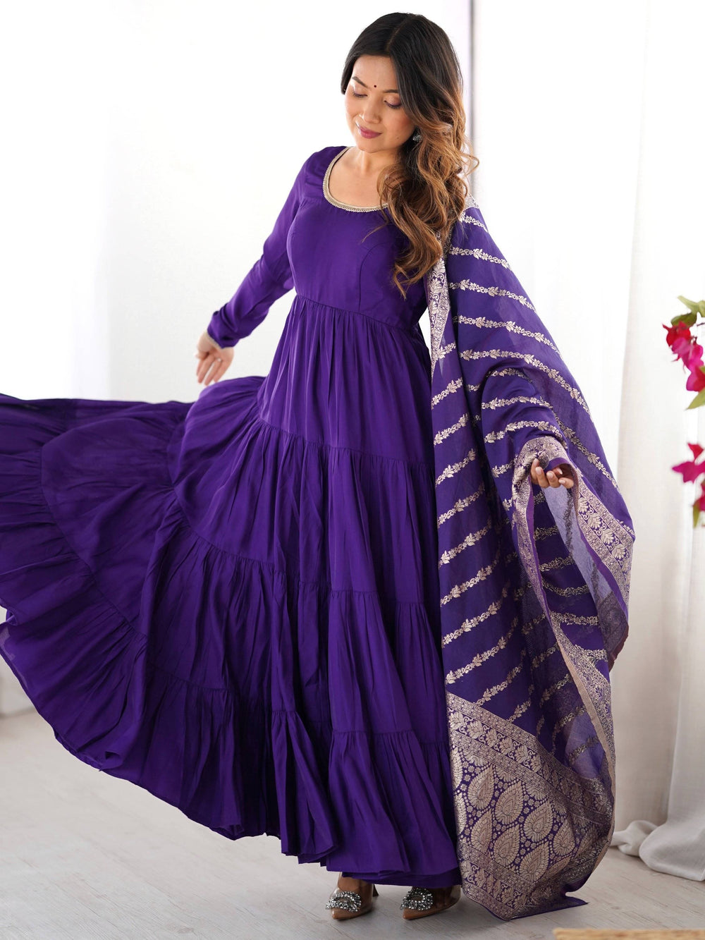 Dark Purple Chanderi Silk Anarkali Suit With Banarasi Silk Dupatta for Women