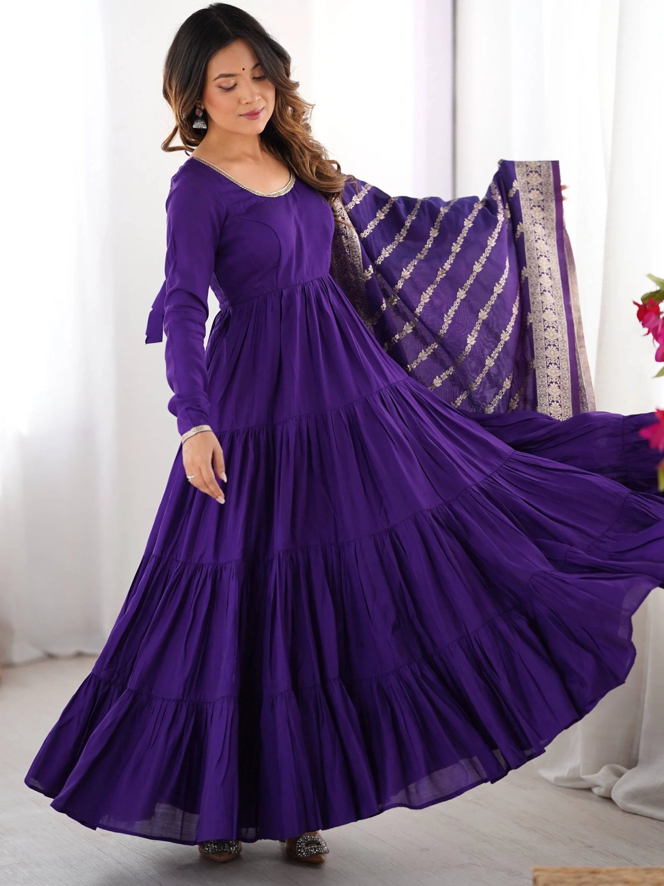 Dark Purple Chanderi Silk Anarkali Suit With Banarasi Silk Dupatta for Women