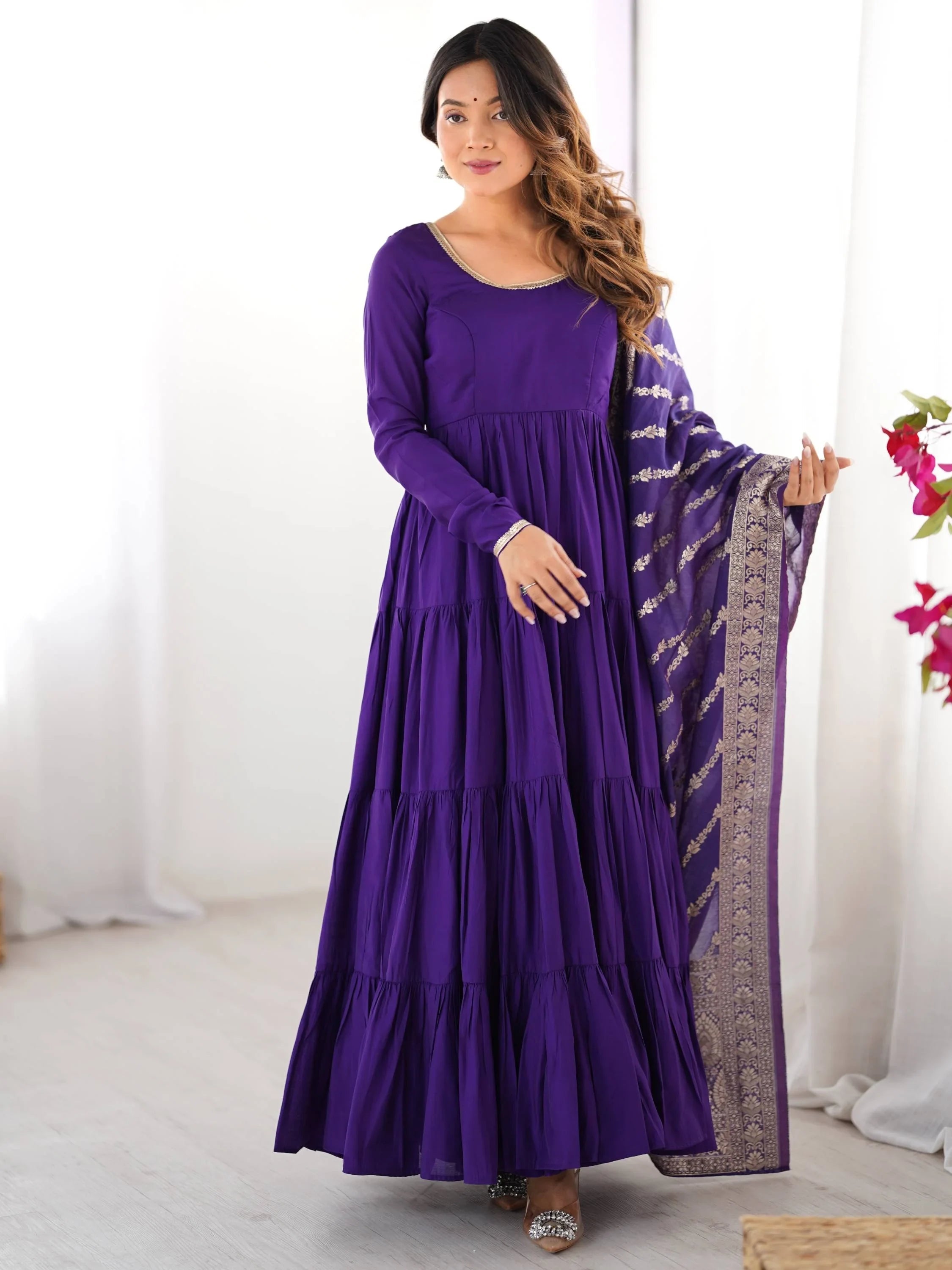 Dark Purple Chanderi Silk Anarkali Suit With Banarasi Silk Dupatta for Women