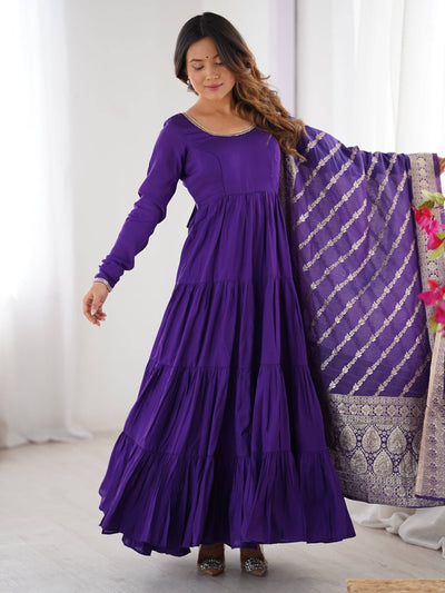 Dark Purple Chanderi Silk Anarkali Suit With Banarasi Silk Dupatta for Women