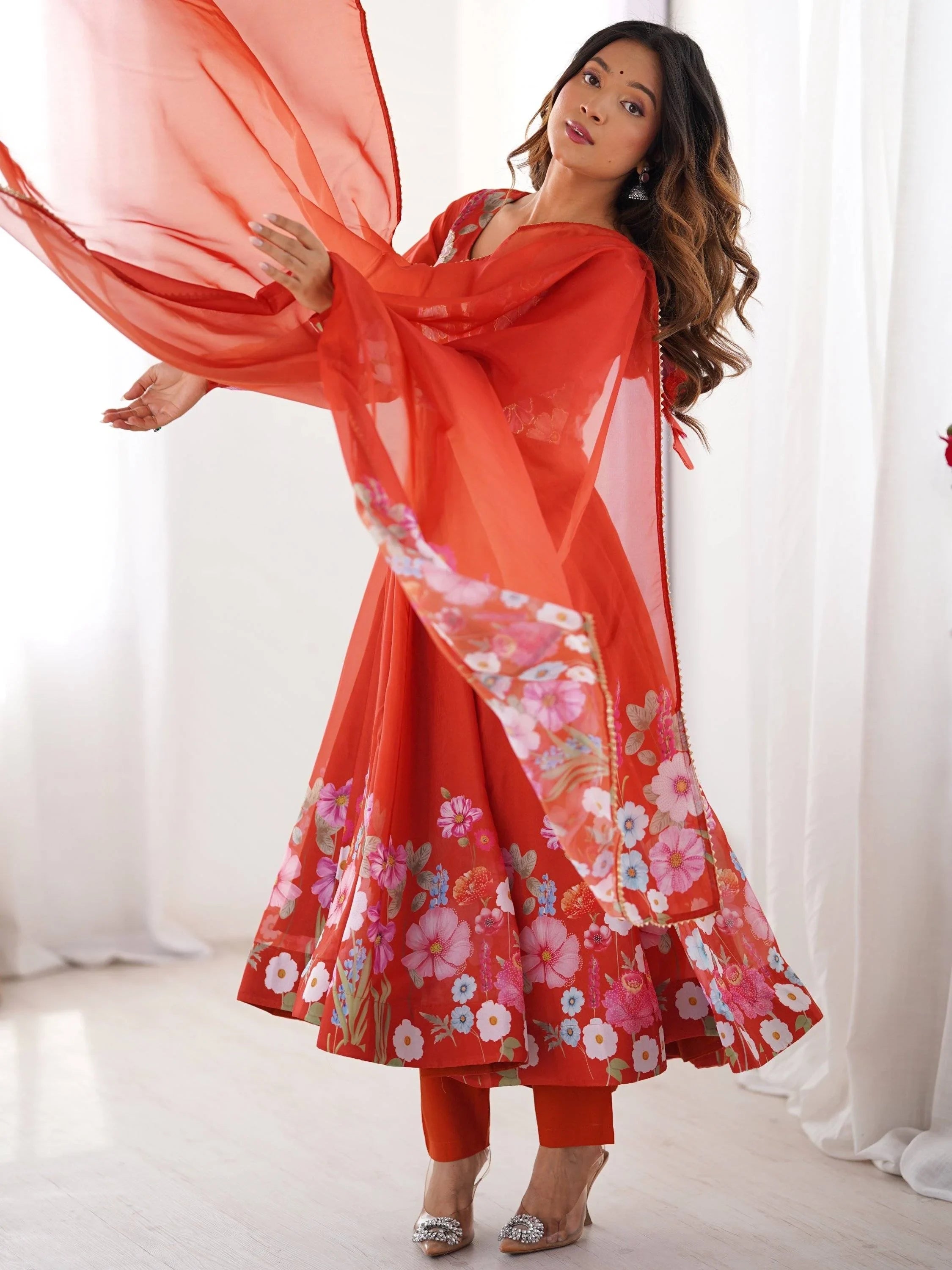 Orange Floral Printed Organza Festive Wear Anarkali Suit for Women