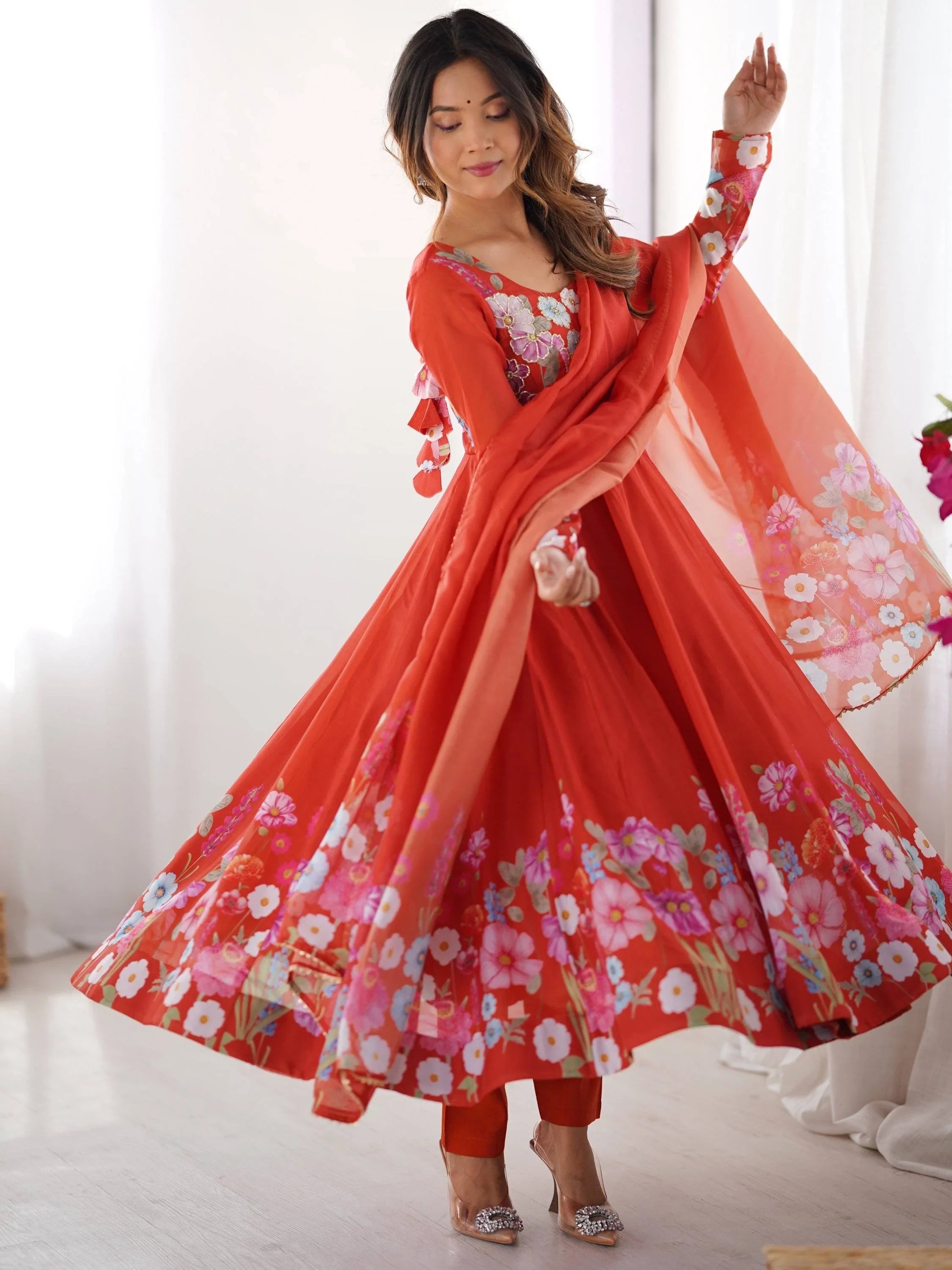 Orange Floral Printed Organza Festive Wear Anarkali Suit for Women