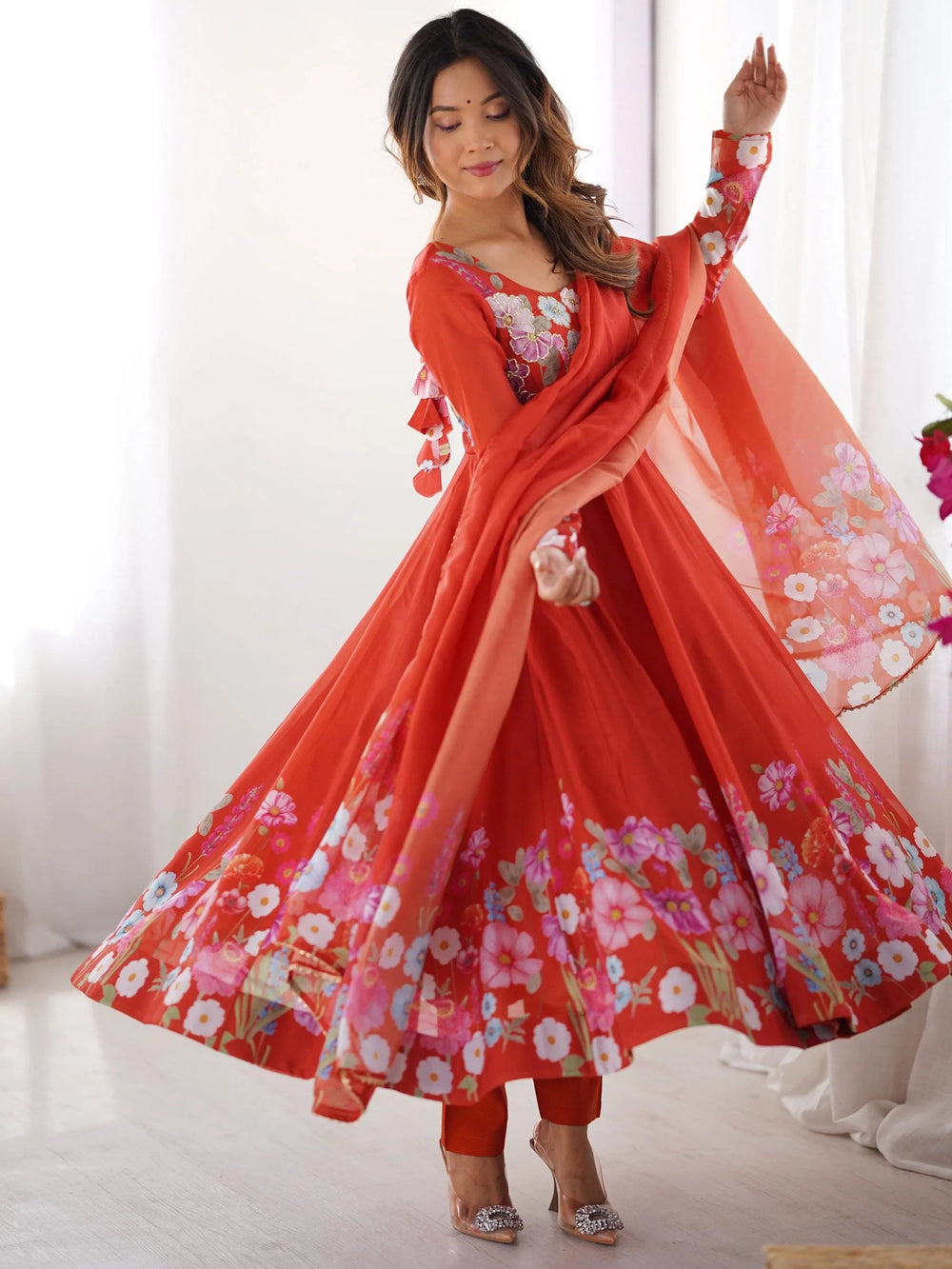 Orange Floral Printed Organza Festive Wear Anarkali Suit for Women