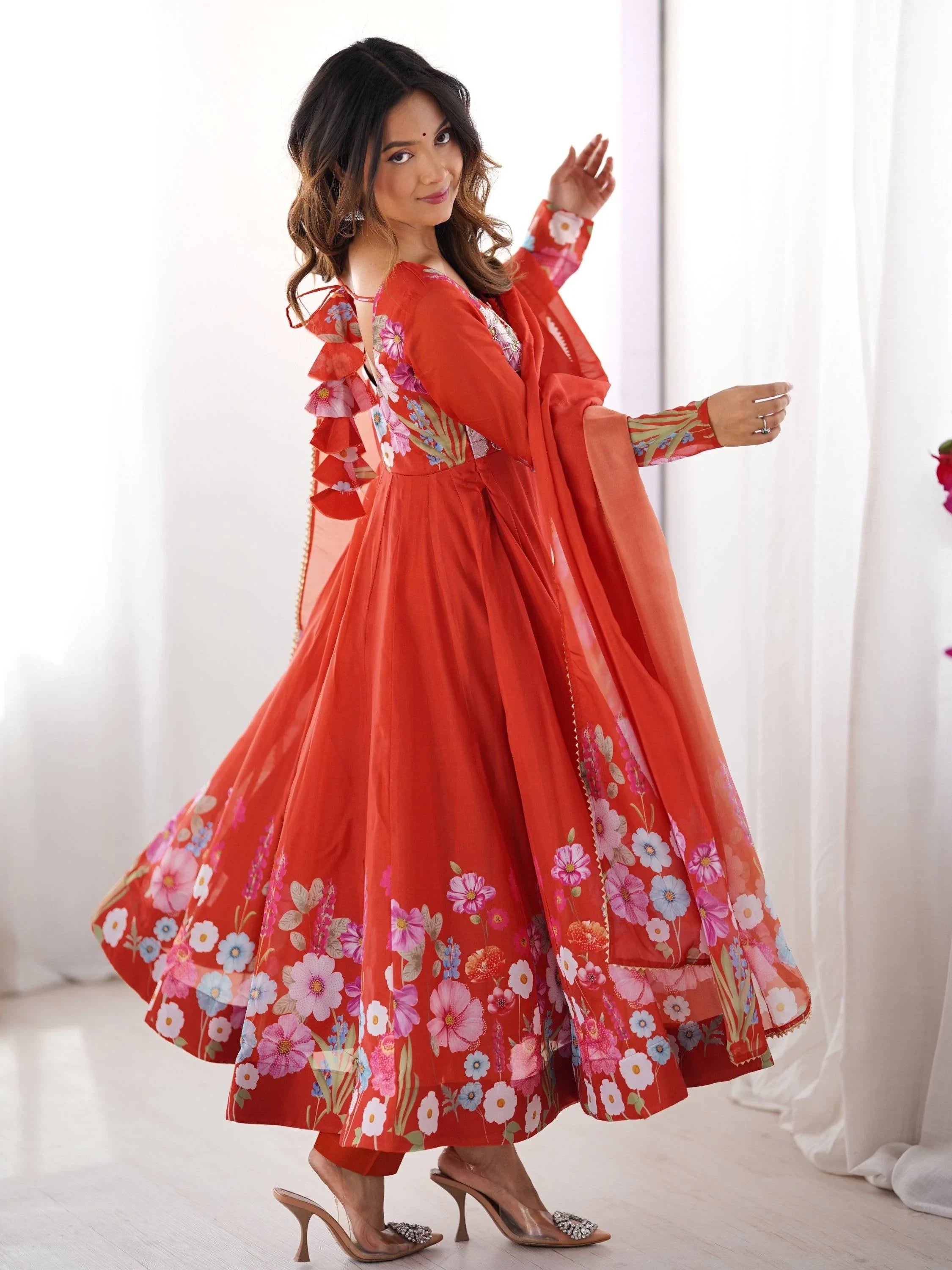 Orange Floral Printed Organza Festive Wear Anarkali Suit for Women