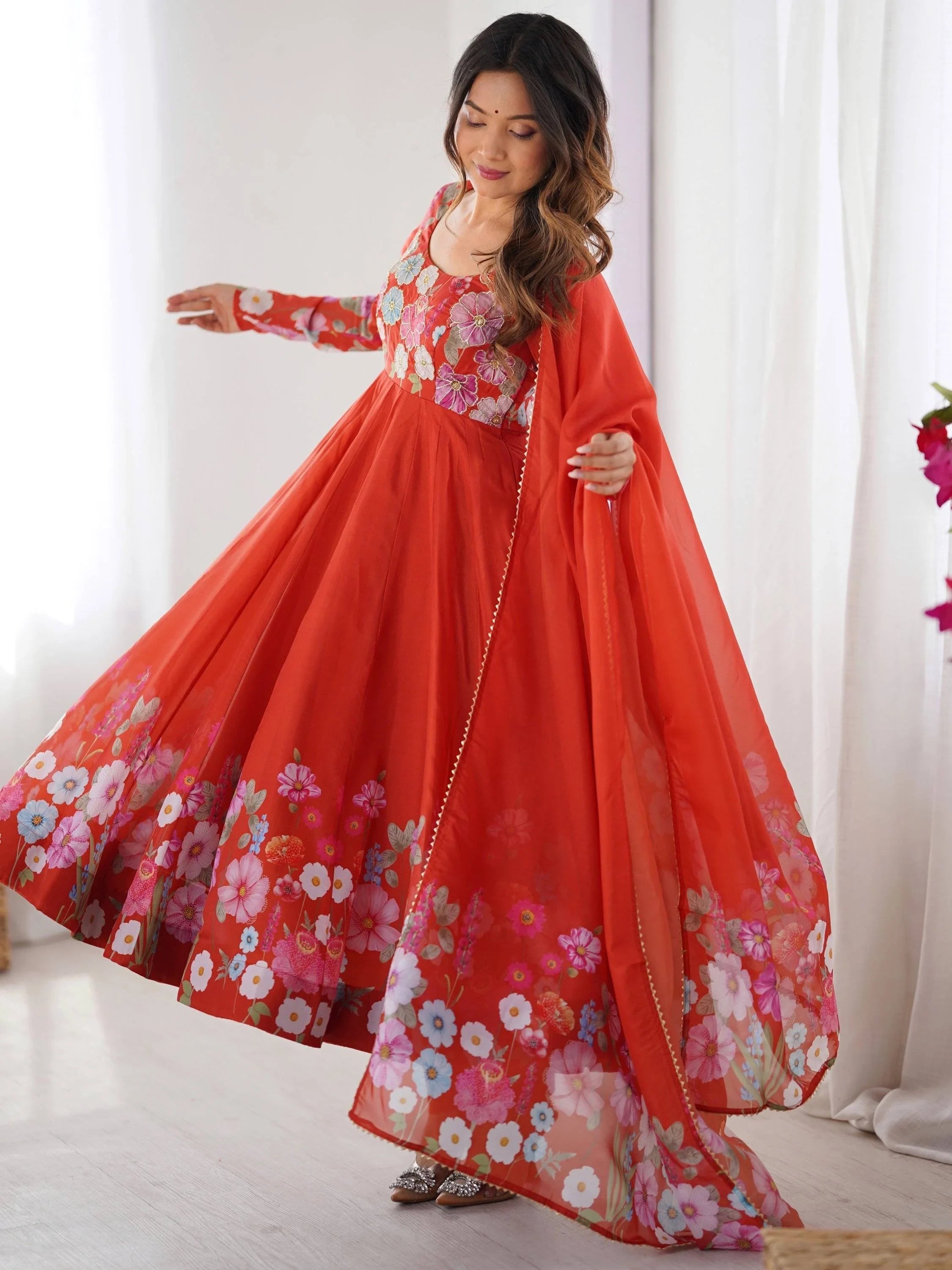 Orange Floral Printed Organza Festive Wear Anarkali Suit for Women