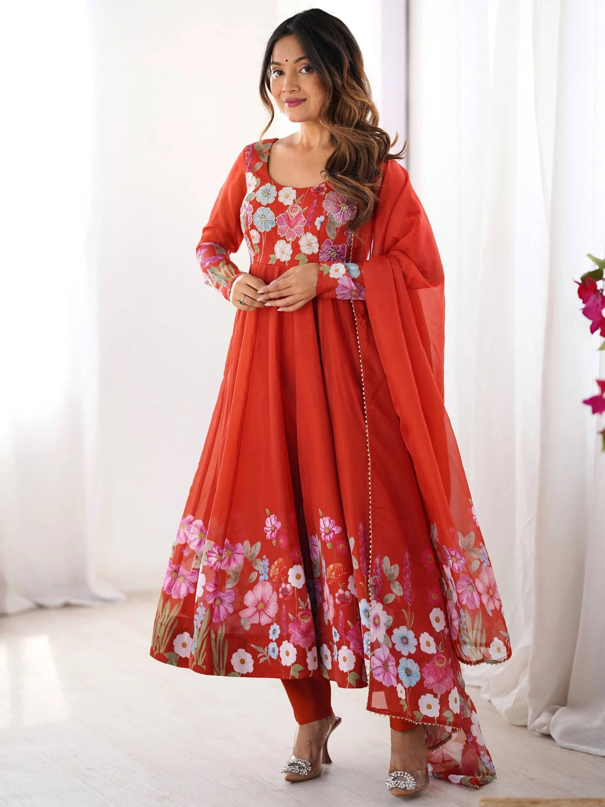Orange Floral Printed Organza Festive Wear Anarkali Suit for Women