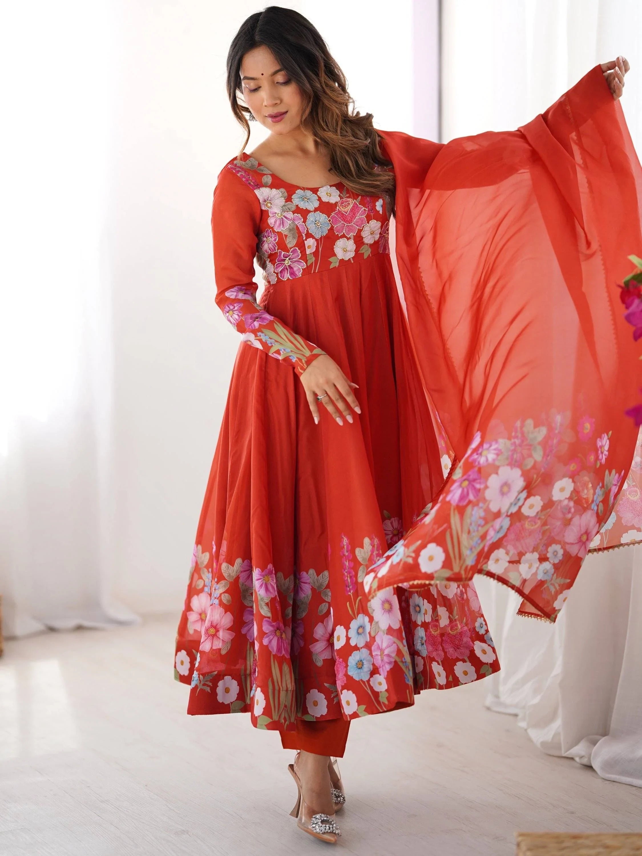 Orange Floral Printed Organza Festive Wear Anarkali Suit for Women