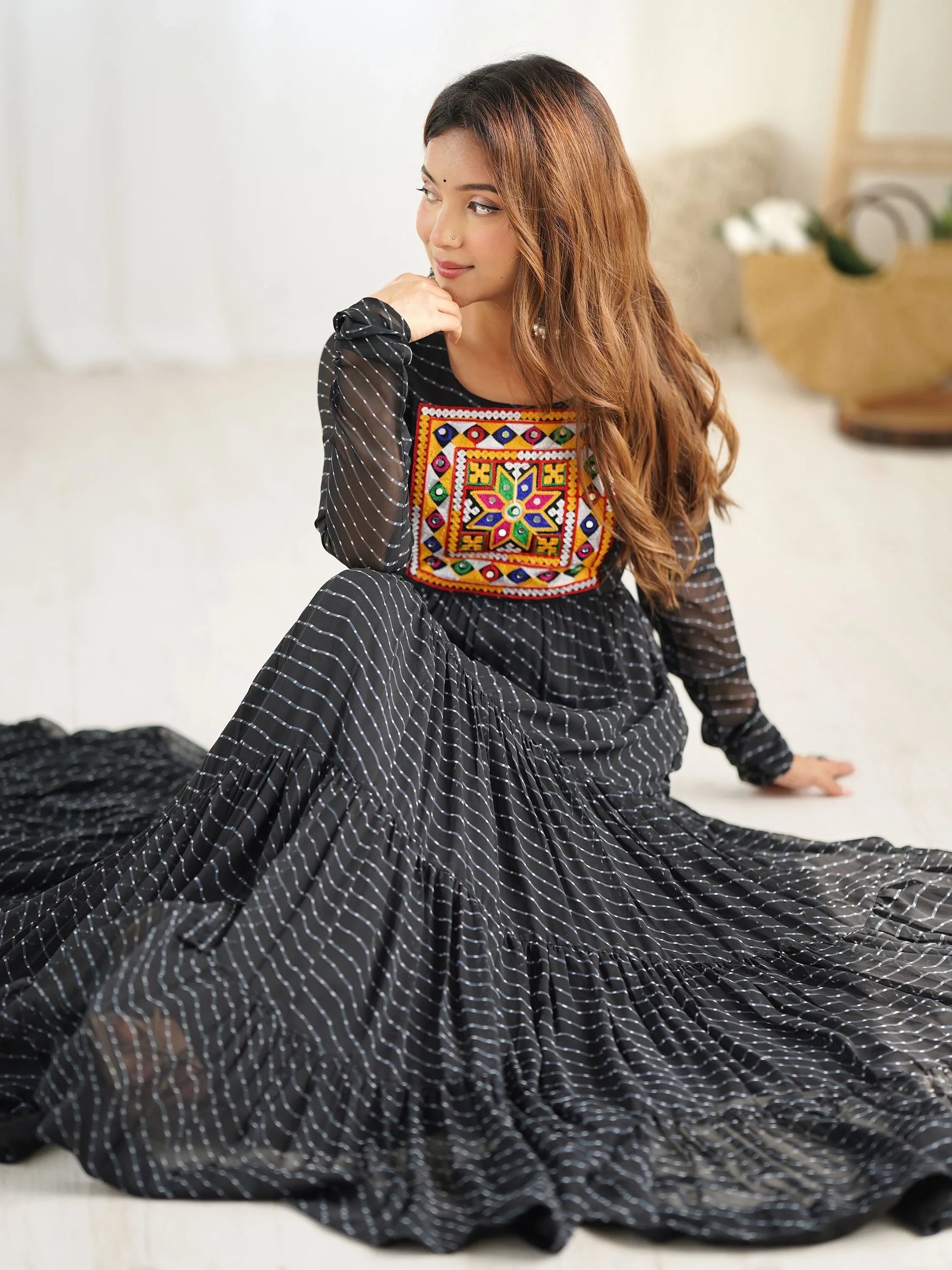 Black Laheriya Printed Georgette Navratri Wear Gown for Women