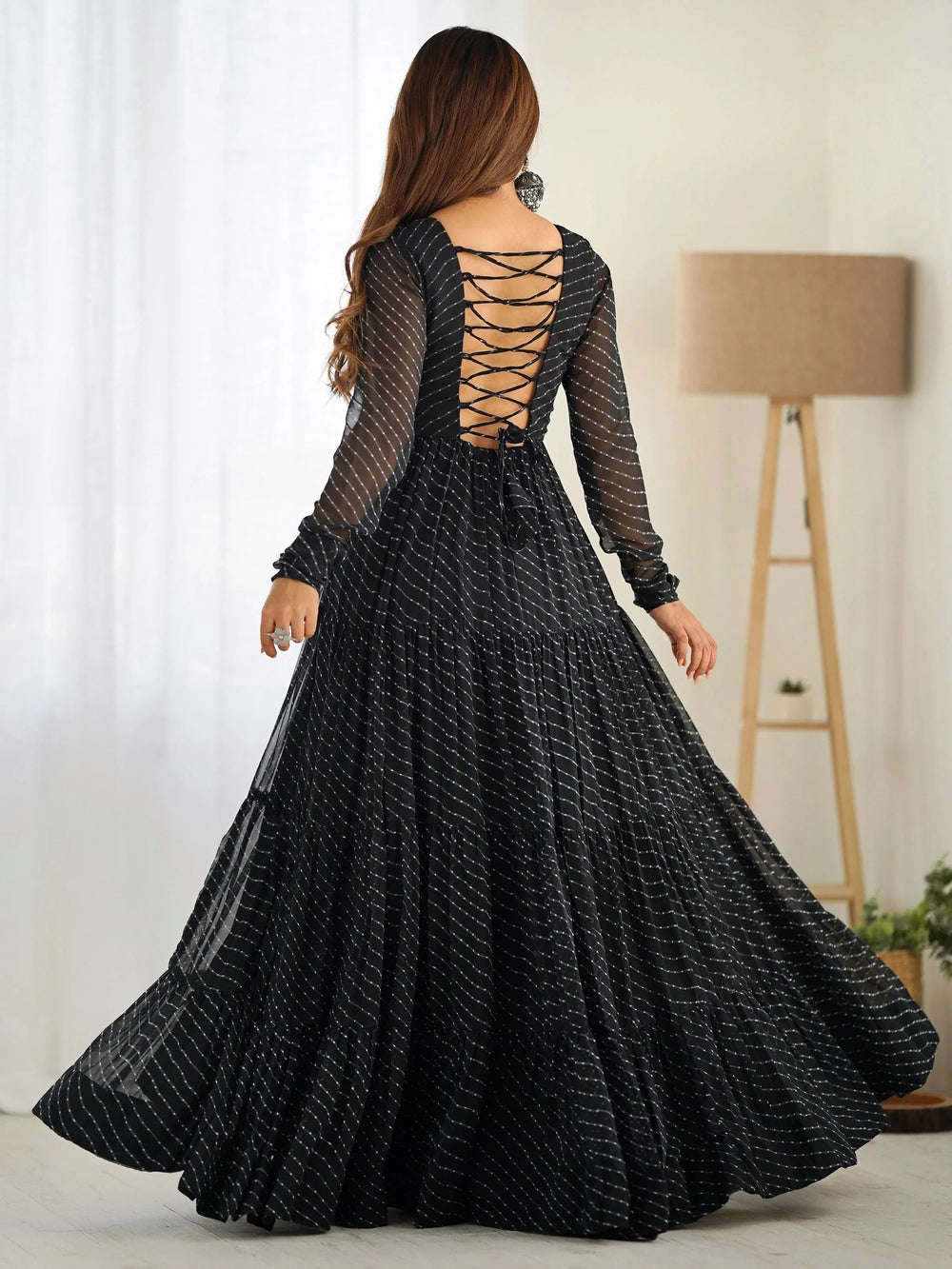 Black Laheriya Printed Georgette Navratri Wear Gown for Women