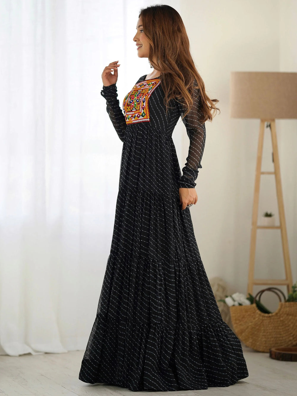 Black Laheriya Printed Georgette Navratri Wear Gown for Women