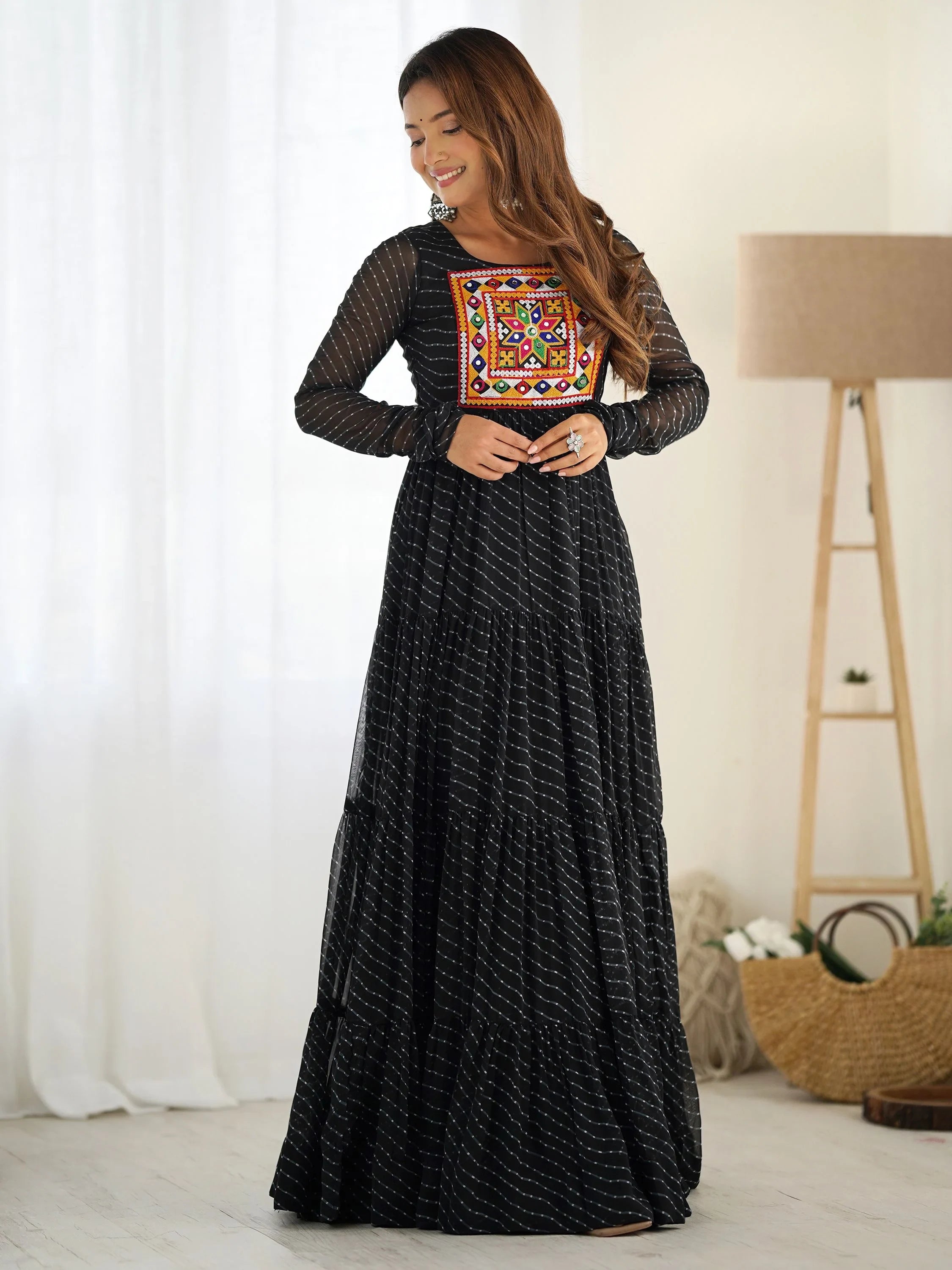 Black Laheriya Printed Georgette Navratri Wear Gown for Women