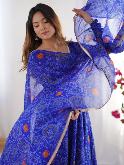 Royal Blue Bandhej Printed Georgette Festive Wear Anarkali Suit for Women