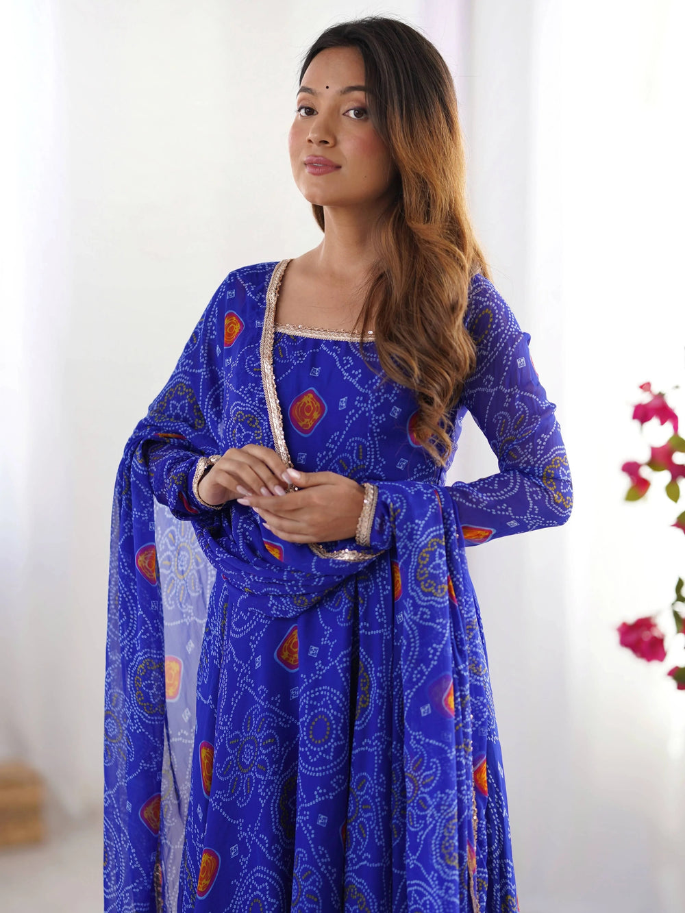 Royal Blue Bandhej Printed Georgette Festive Wear Anarkali Suit for Women