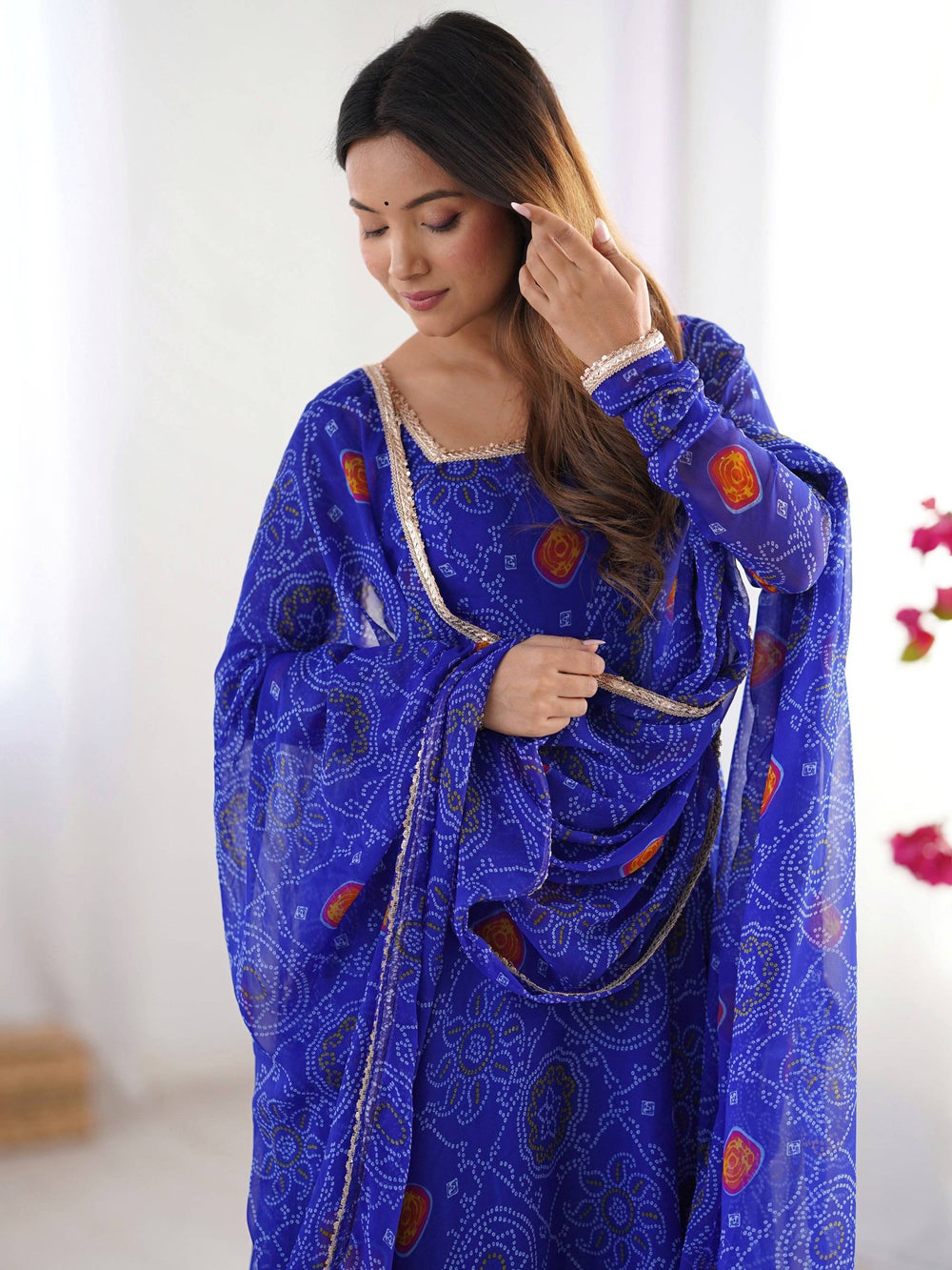 Royal Blue Bandhej Printed Georgette Festive Wear Anarkali Suit for Women