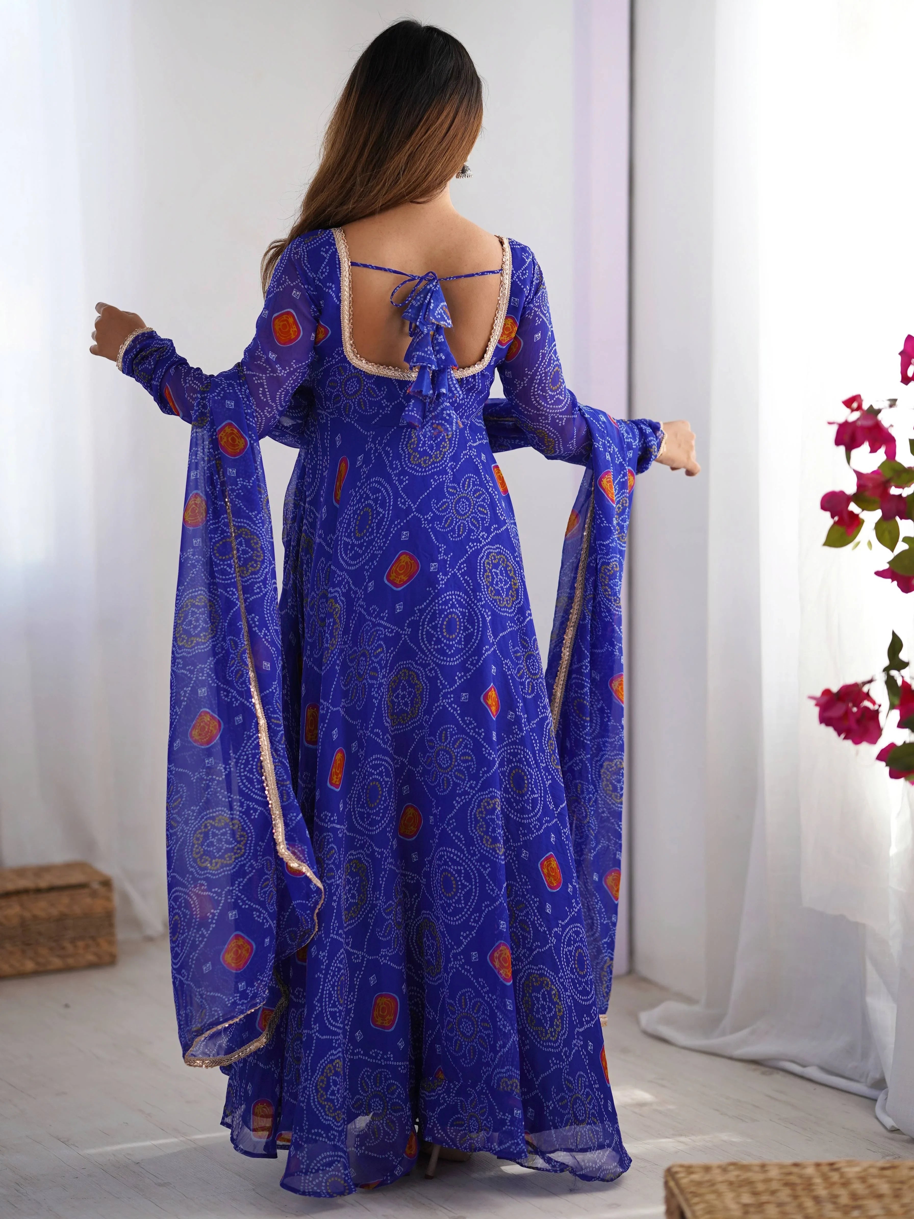 Royal Blue Bandhej Printed Georgette Festive Wear Anarkali Suit for Women