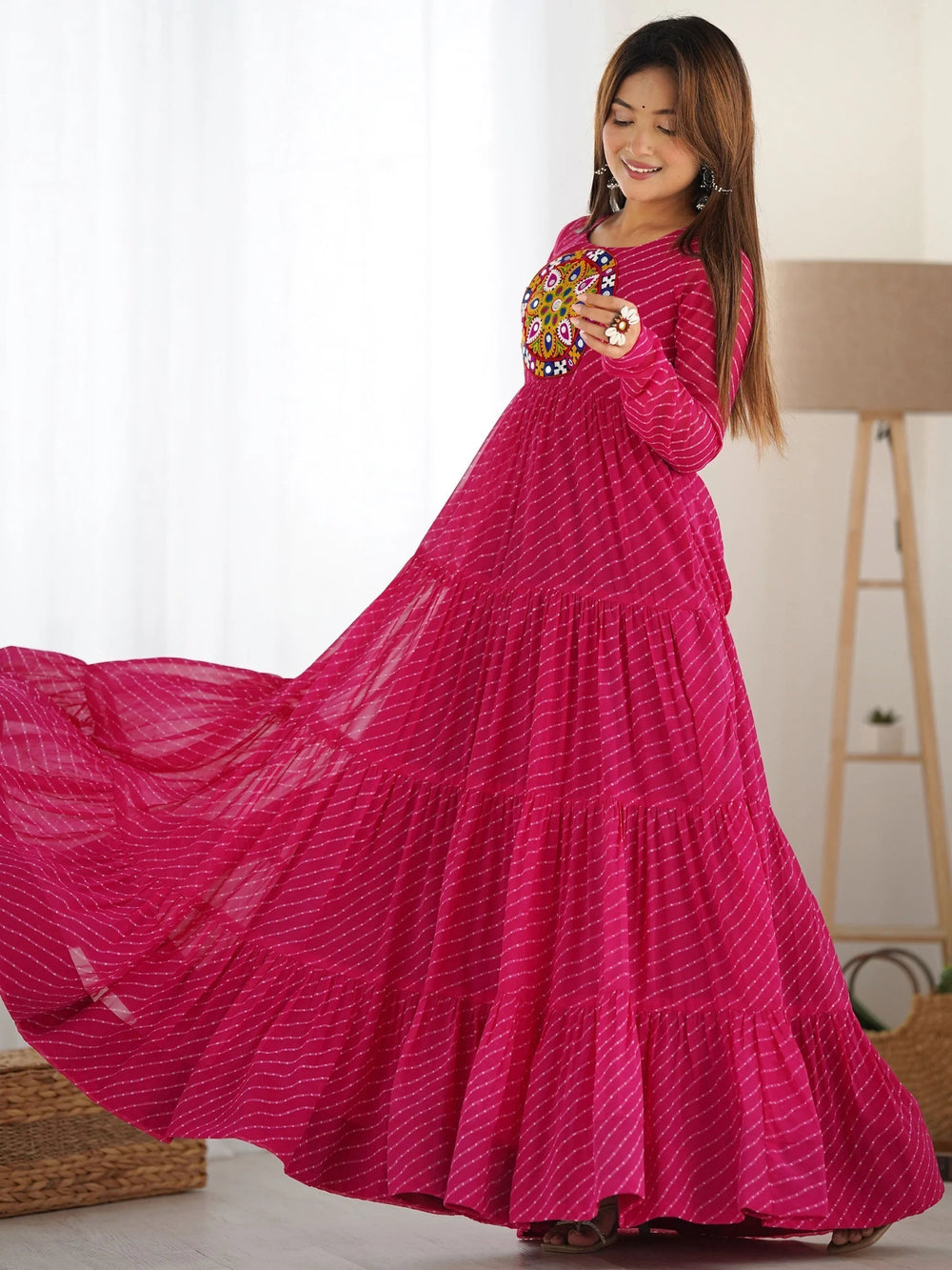 Pink Laheriya Printed Georgette Navratri Wear Gown for Women