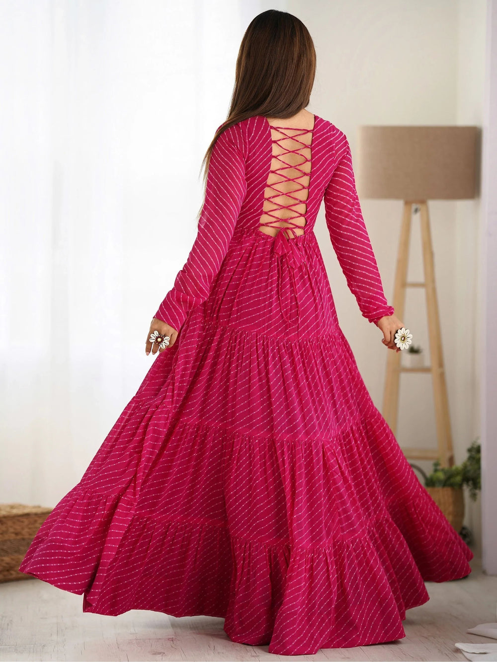 Pink Laheriya Printed Georgette Navratri Wear Gown for Women