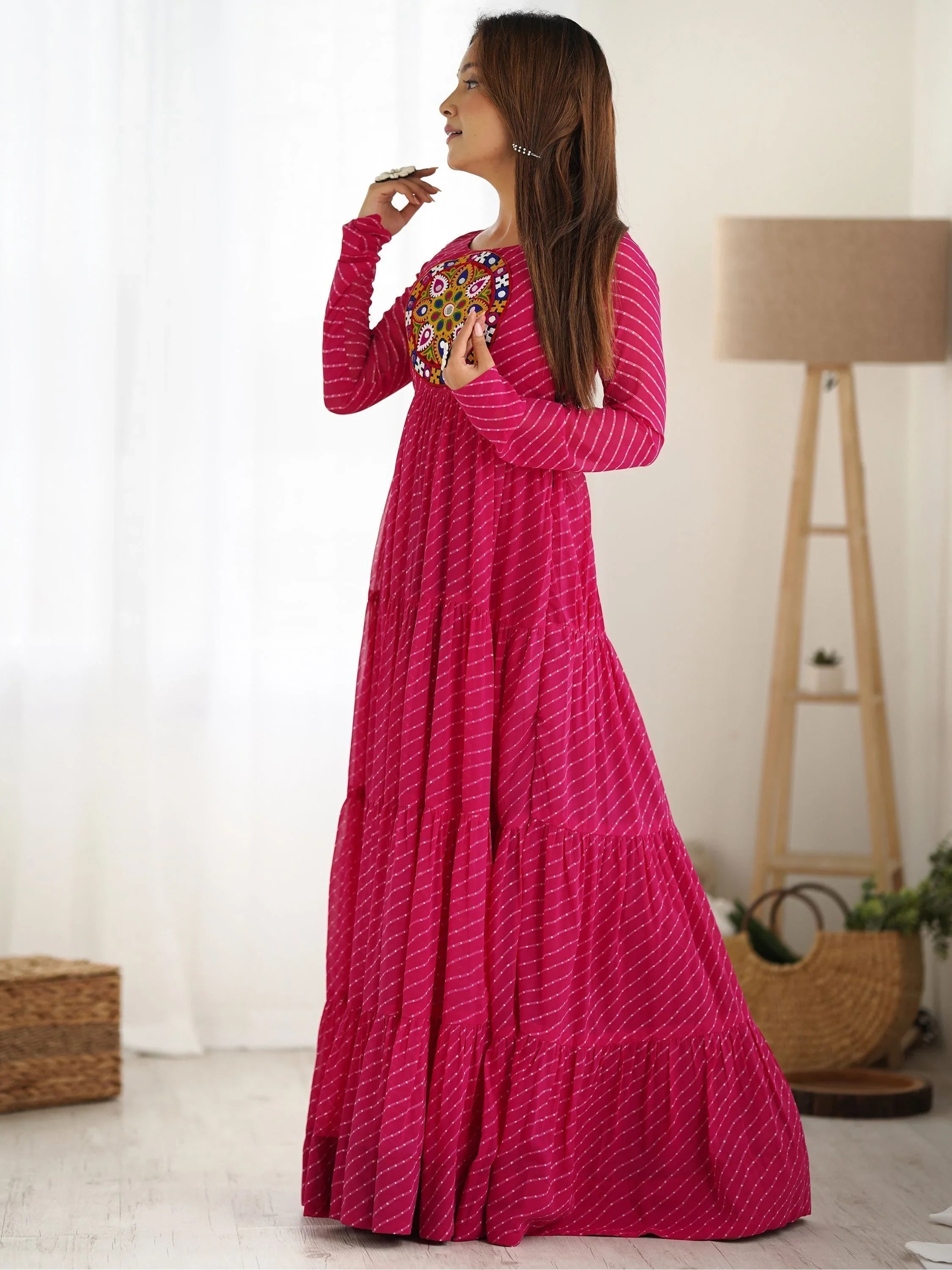 Pink Laheriya Printed Georgette Navratri Wear Gown for Women