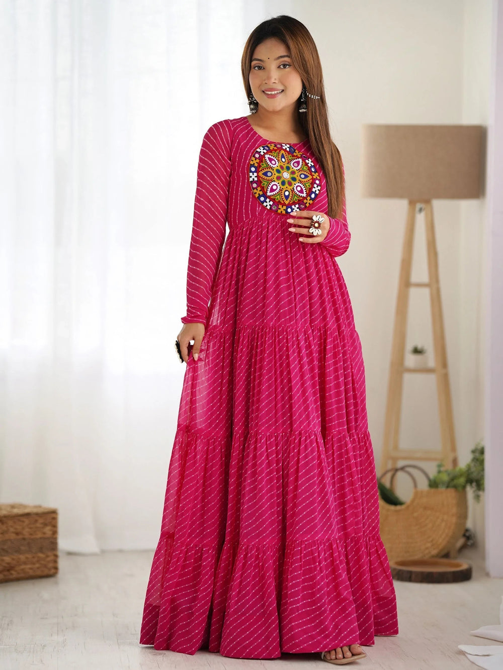 Pink Laheriya Printed Georgette Navratri Wear Gown for Women