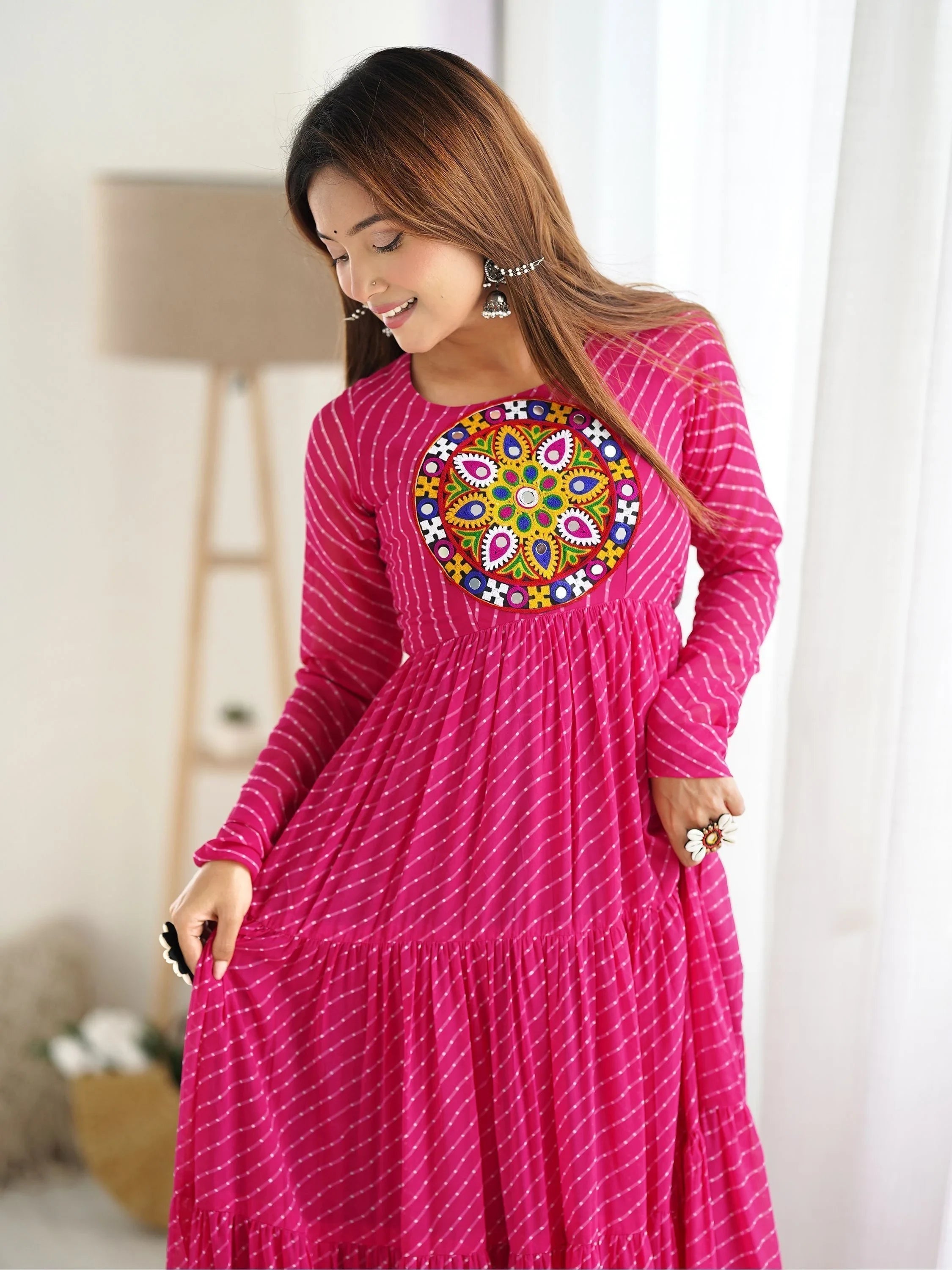 Pink Laheriya Printed Georgette Navratri Wear Gown for Women
