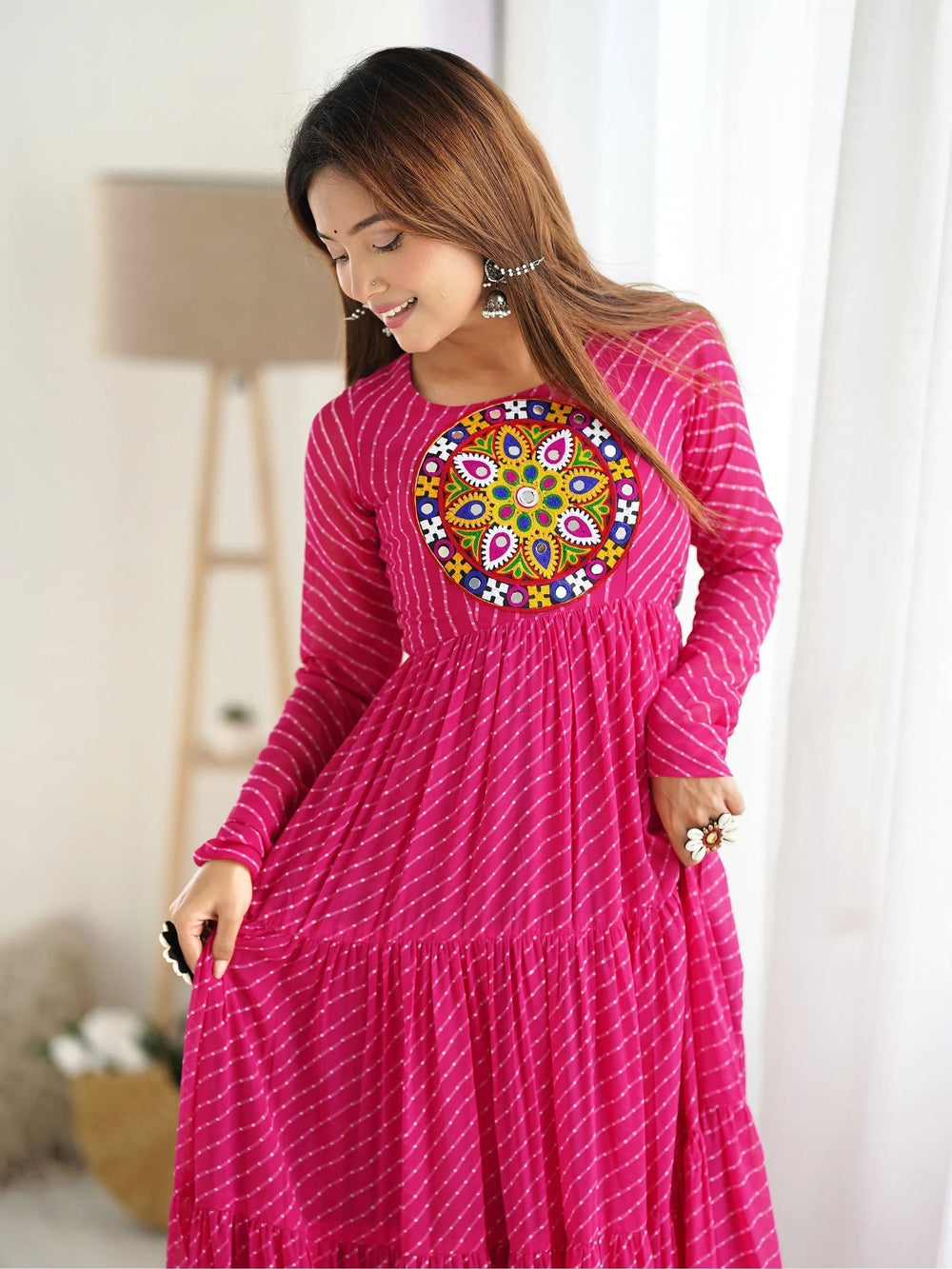 Pink Laheriya Printed Georgette Navratri Wear Gown for Women