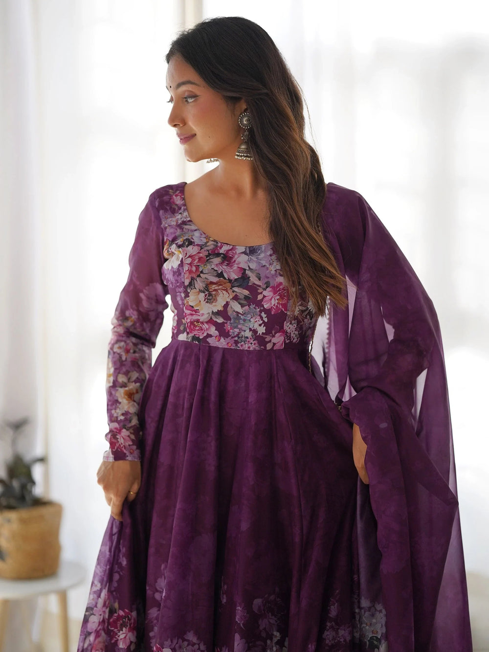 Purple Floral Printed Organza Anarkali Suit Pant With Dupatta for Women